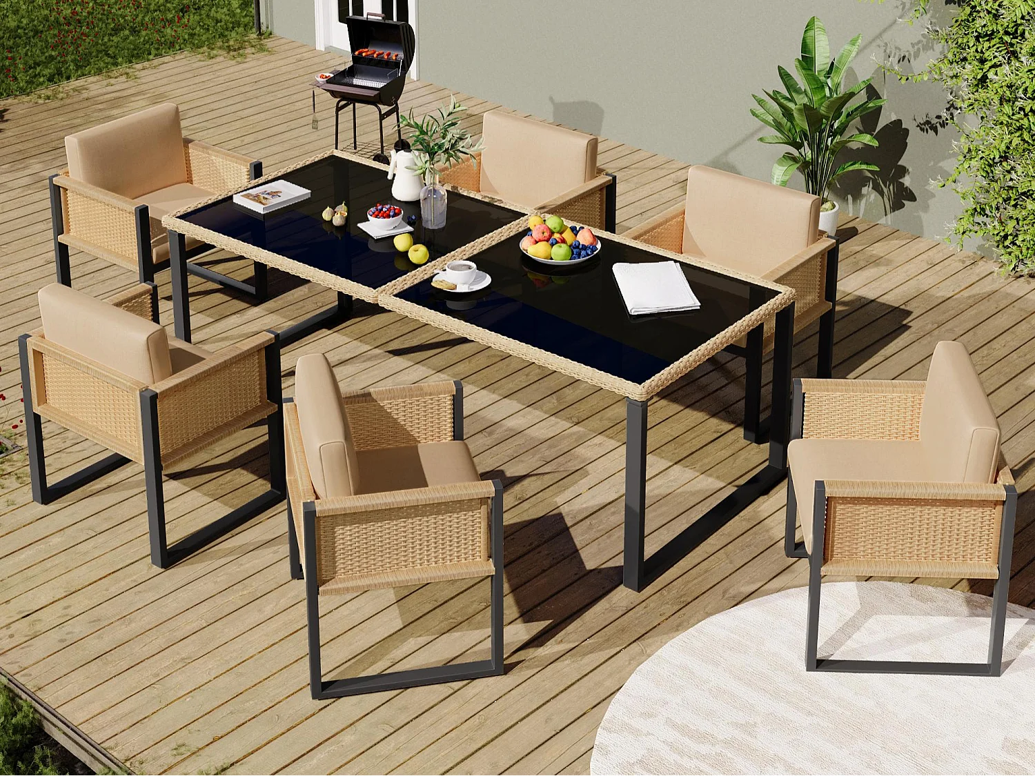 Ensemble de salle à manger de jardin pour 6 personnes - 6 fauteuils - 1 table - structure en fer galvanisé - en tissu amovibles et lavables - brun