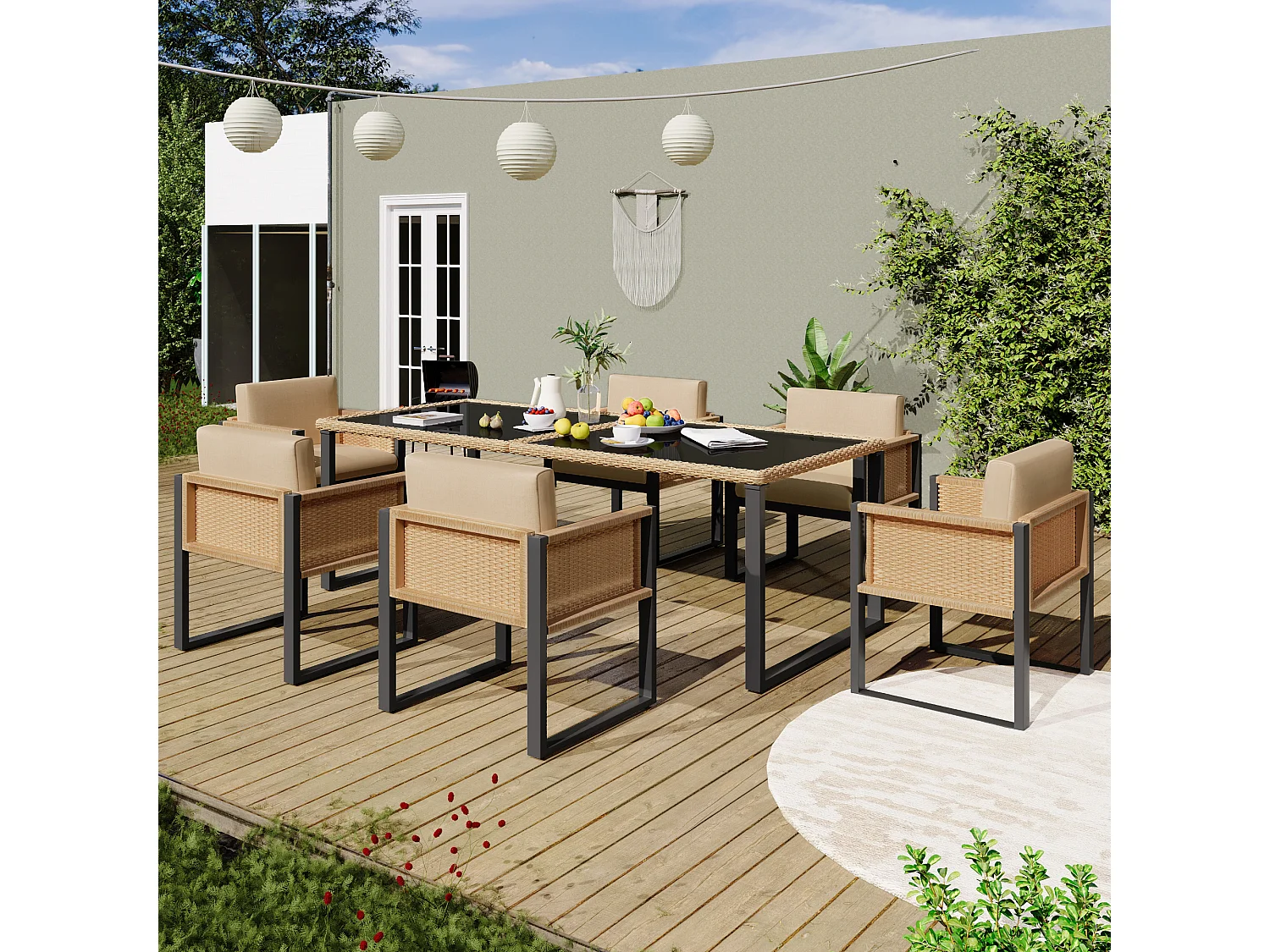 Ensemble de salle à manger de jardin pour 6 personnes - 6 fauteuils - 1 table - structure en fer galvanisé - en tissu amovibles et lavables - brun