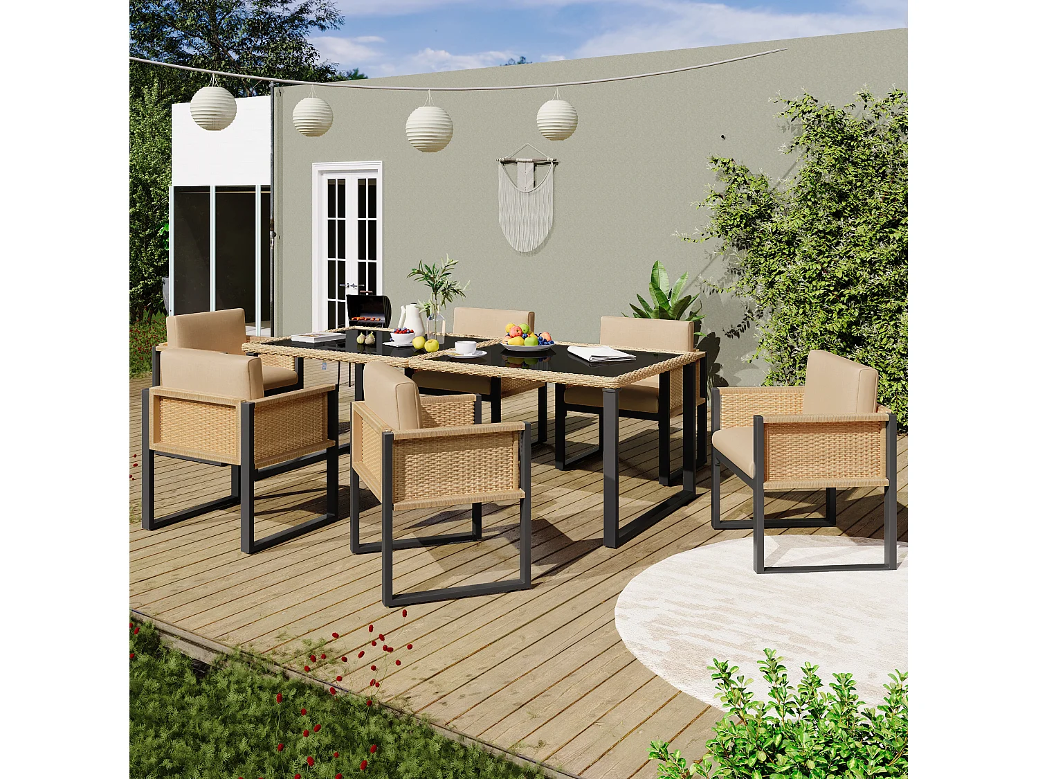 Ensemble de salle à manger de jardin pour 6 personnes - 6 fauteuils - 1 table - structure en fer galvanisé - en tissu amovibles et lavables - brun