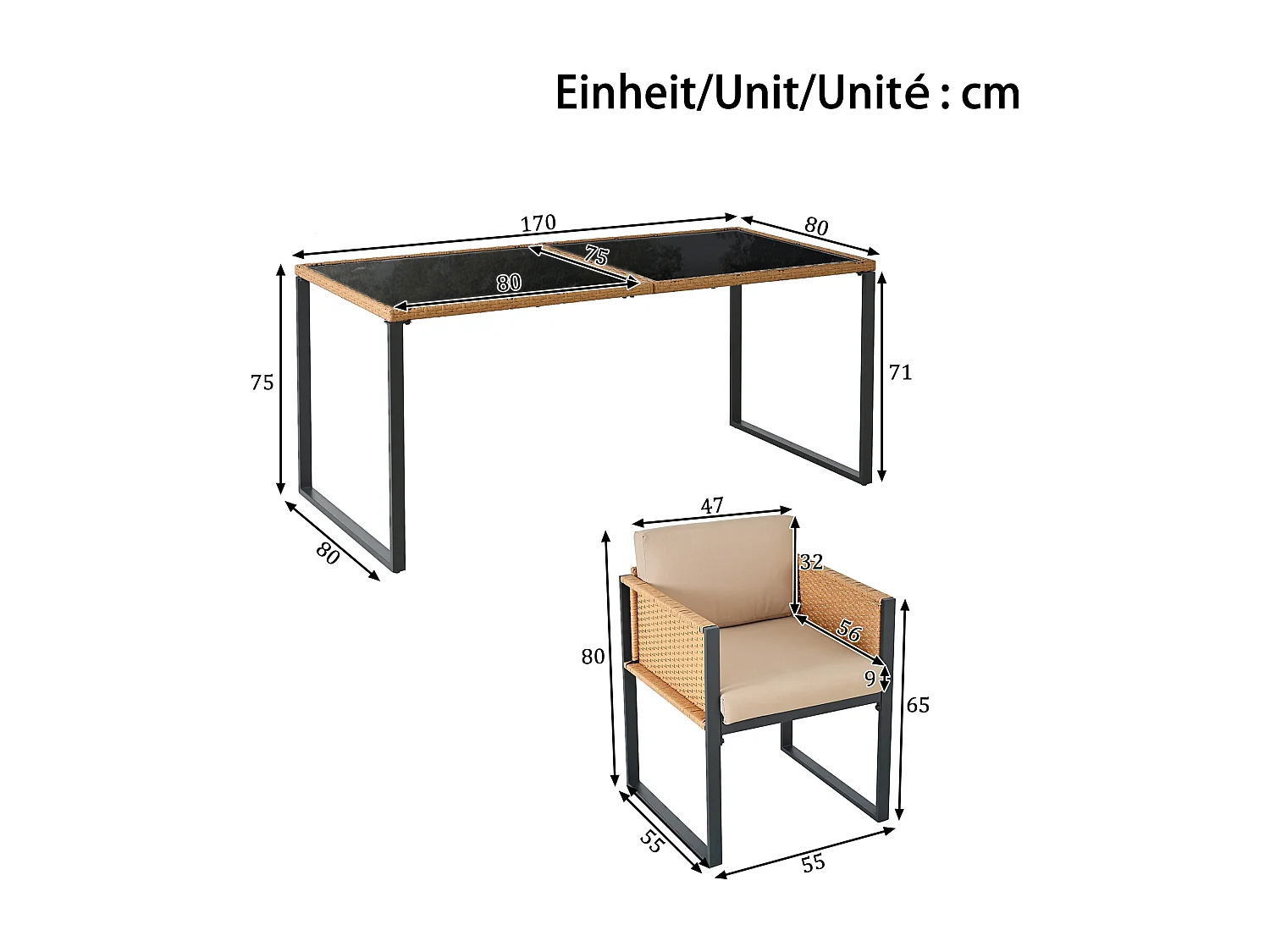 Ensemble de salle à manger de jardin pour 6 personnes - 6 fauteuils - 1 table - structure en fer galvanisé - en tissu amovibles et lavables - brun