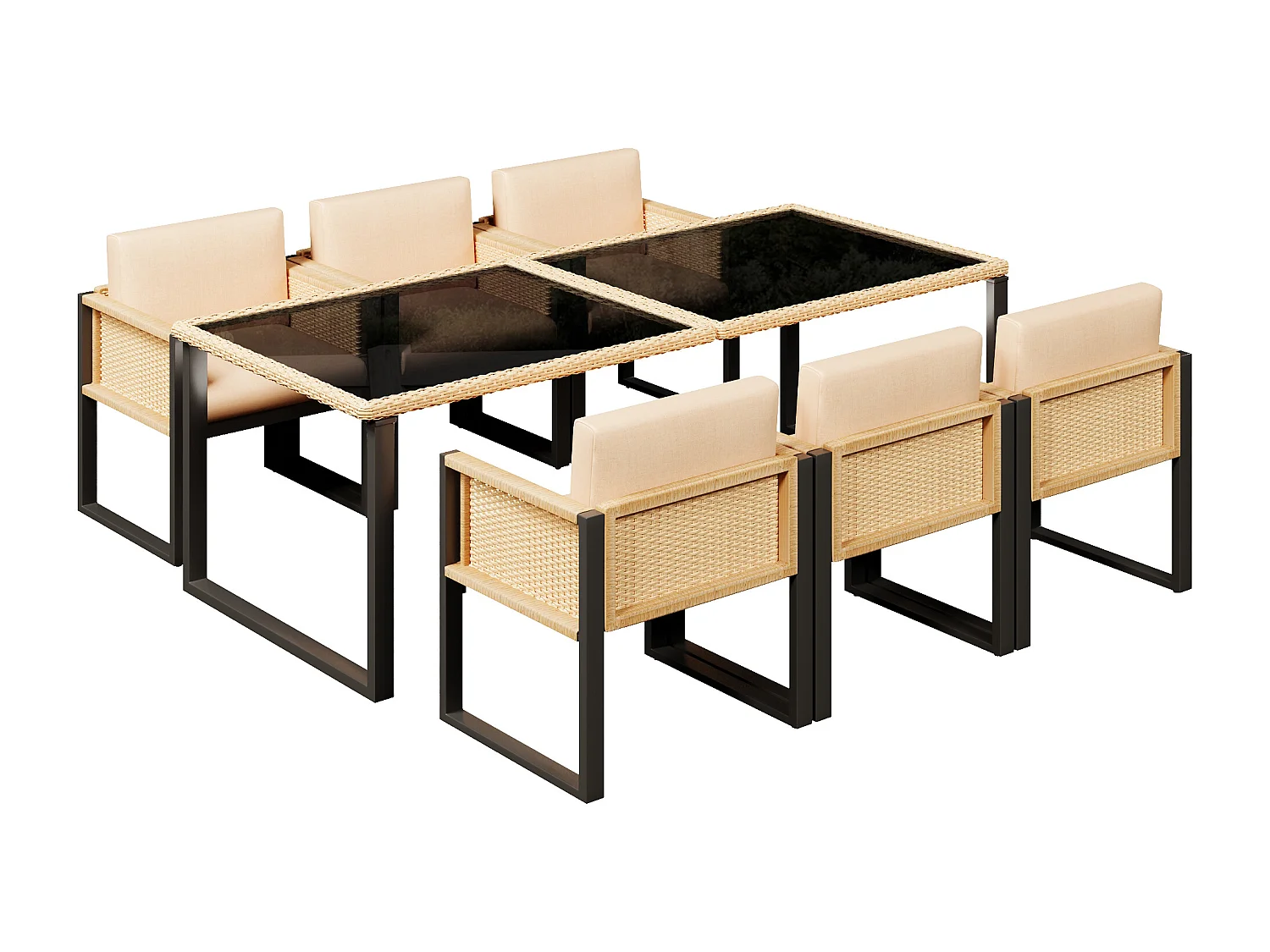 Ensemble de salle à manger de jardin pour 6 personnes - 6 fauteuils - 1 table - structure en fer galvanisé - en tissu amovibles et lavables - brun