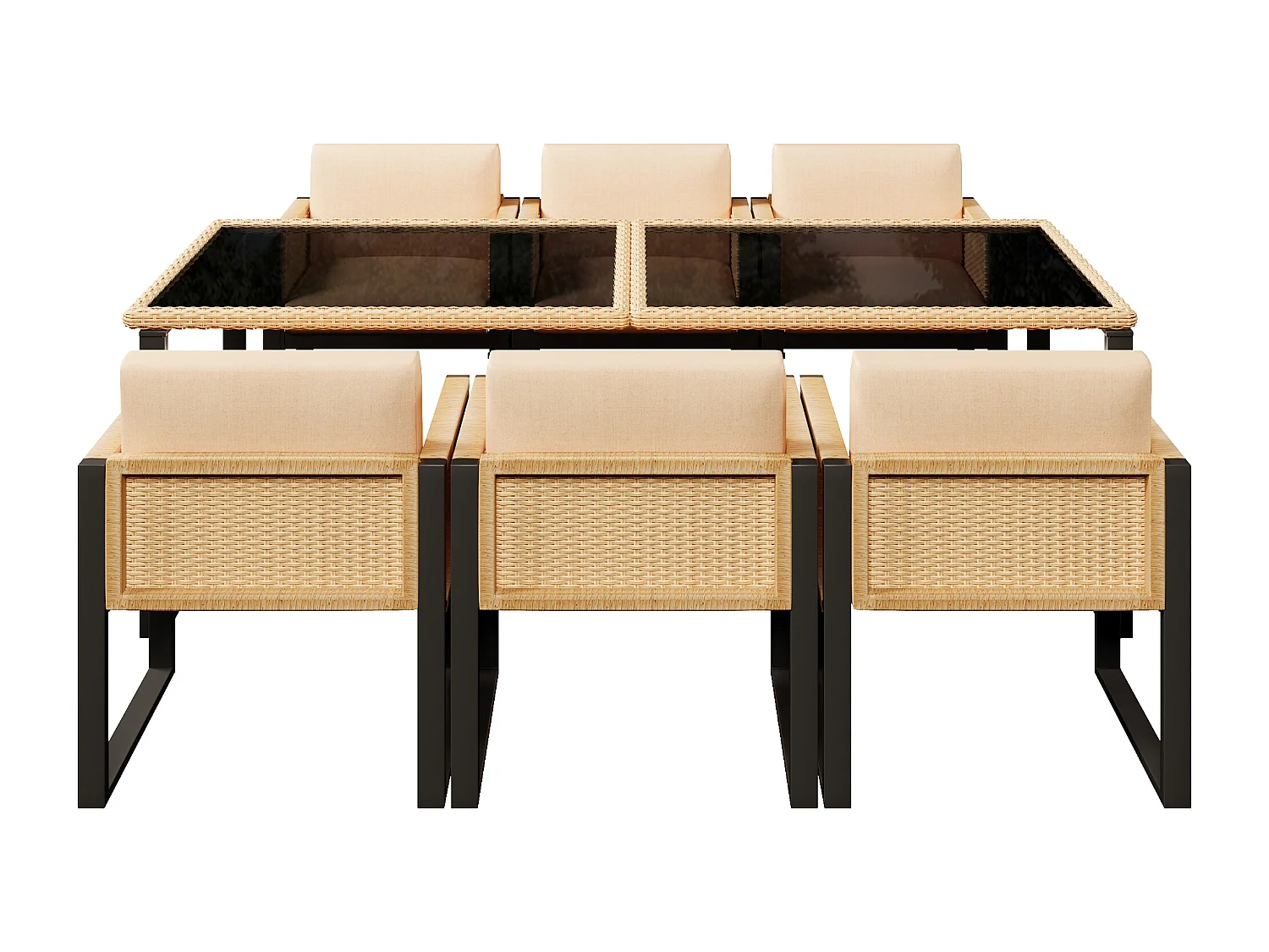 Ensemble de salle à manger de jardin pour 6 personnes - 6 fauteuils - 1 table - structure en fer galvanisé - en tissu amovibles et lavables - brun