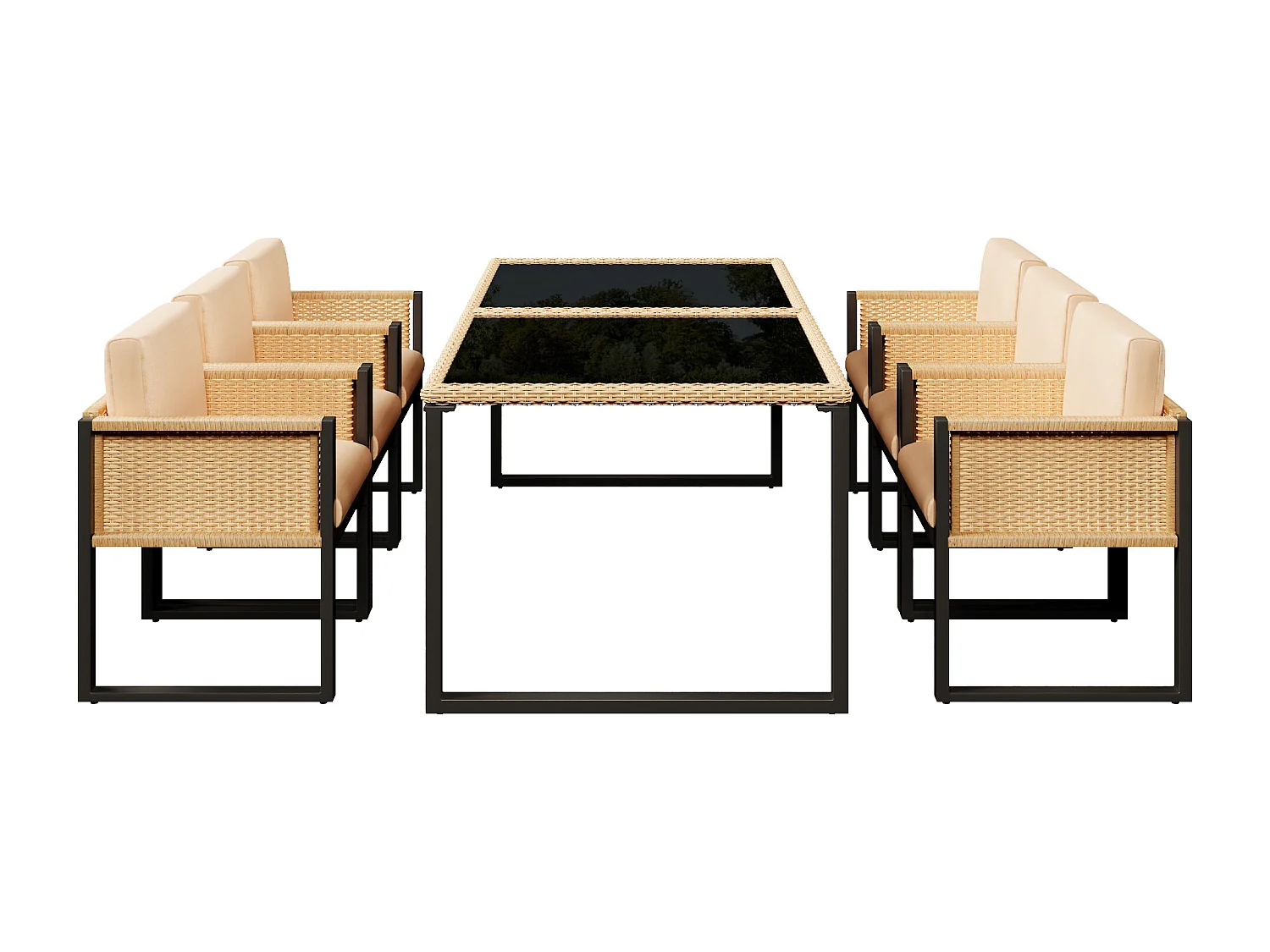 Ensemble de salle à manger de jardin pour 6 personnes - 6 fauteuils - 1 table - structure en fer galvanisé - en tissu amovibles et lavables - brun