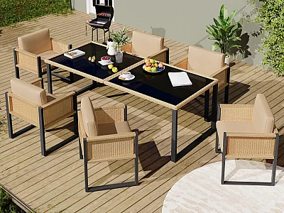 Ensemble de salle à manger de jardin pour 6 personnes - 6 fauteuils - 1 table - structure en fer galvanisé - en tissu amovibles et lavables - brun