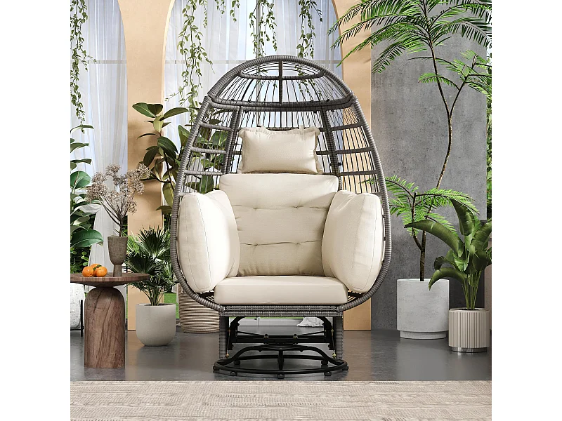Silla huevo de jardín - giratoria a 360° e inclinable hacia adelante y hacia atrás - con cojines blancos - de acero galvanizado y ratán