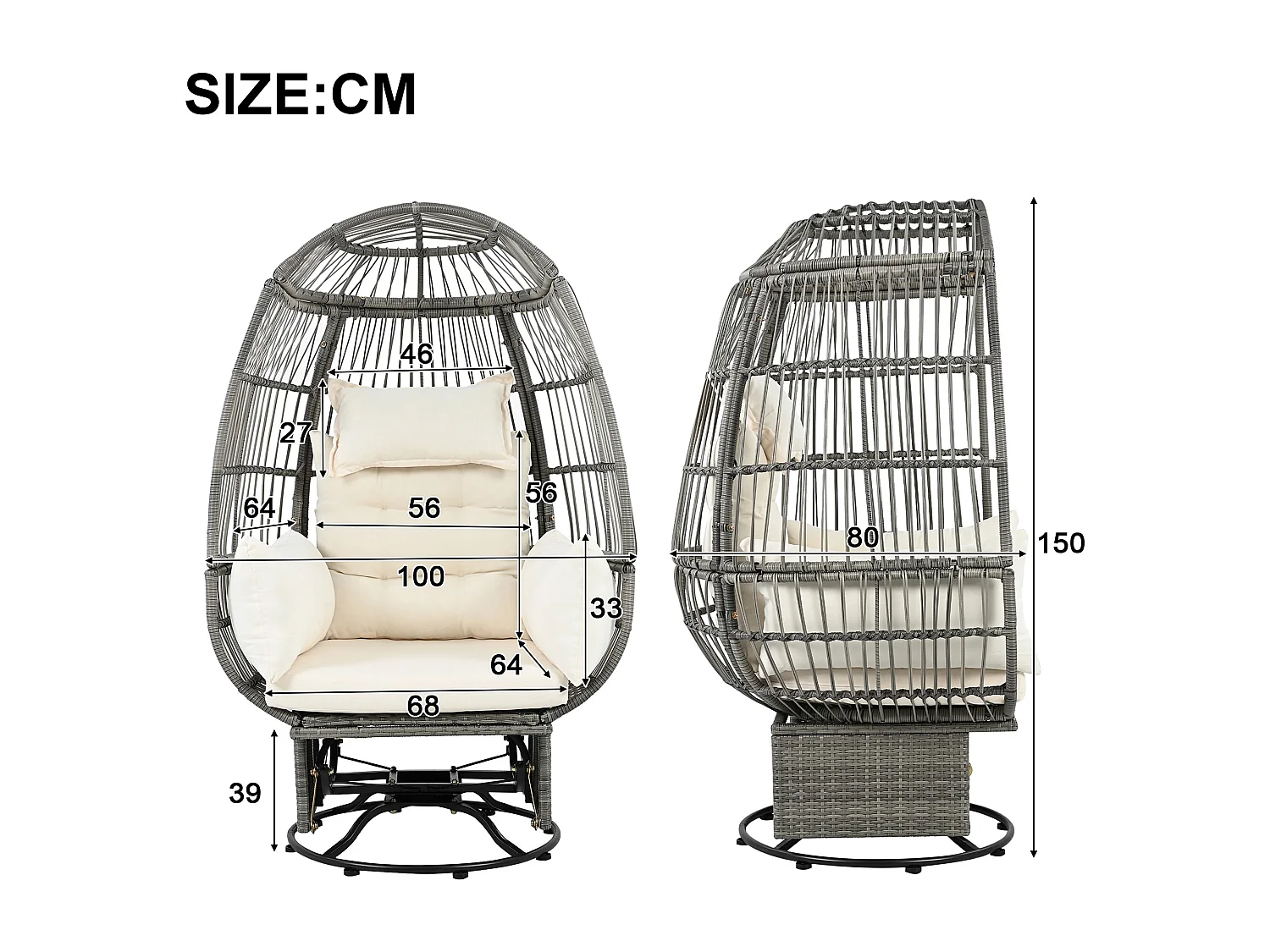 Chaise œuf de jardin - pivotante à 360° et inclinable vers l'avant et vers l'arrière - avec coussins blancs - acier galvanisé et rotin