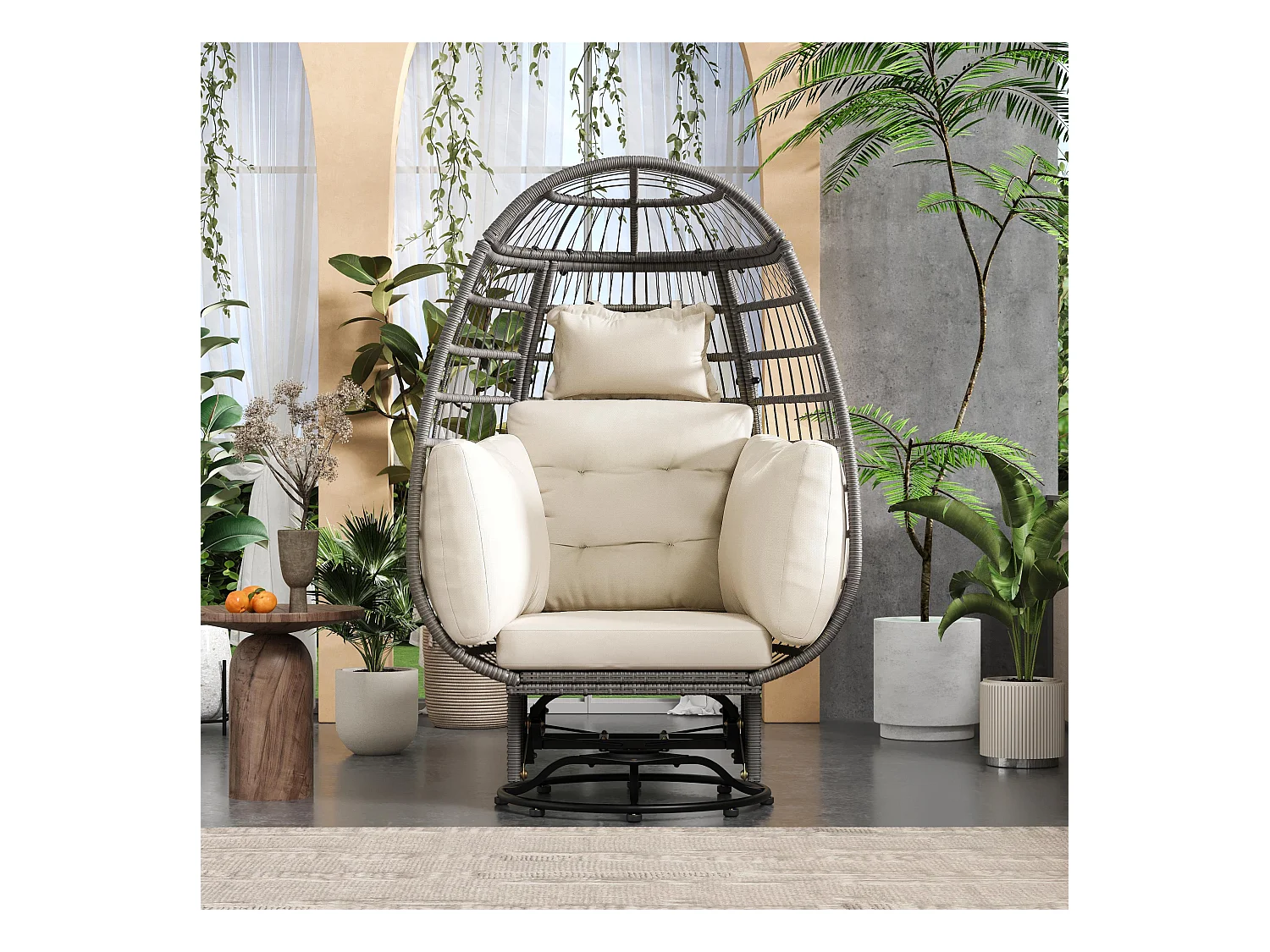 Silla huevo de jardín - giratoria a 360° e inclinable hacia adelante y hacia atrás - con cojines blancos - de acero galvanizado y ratán