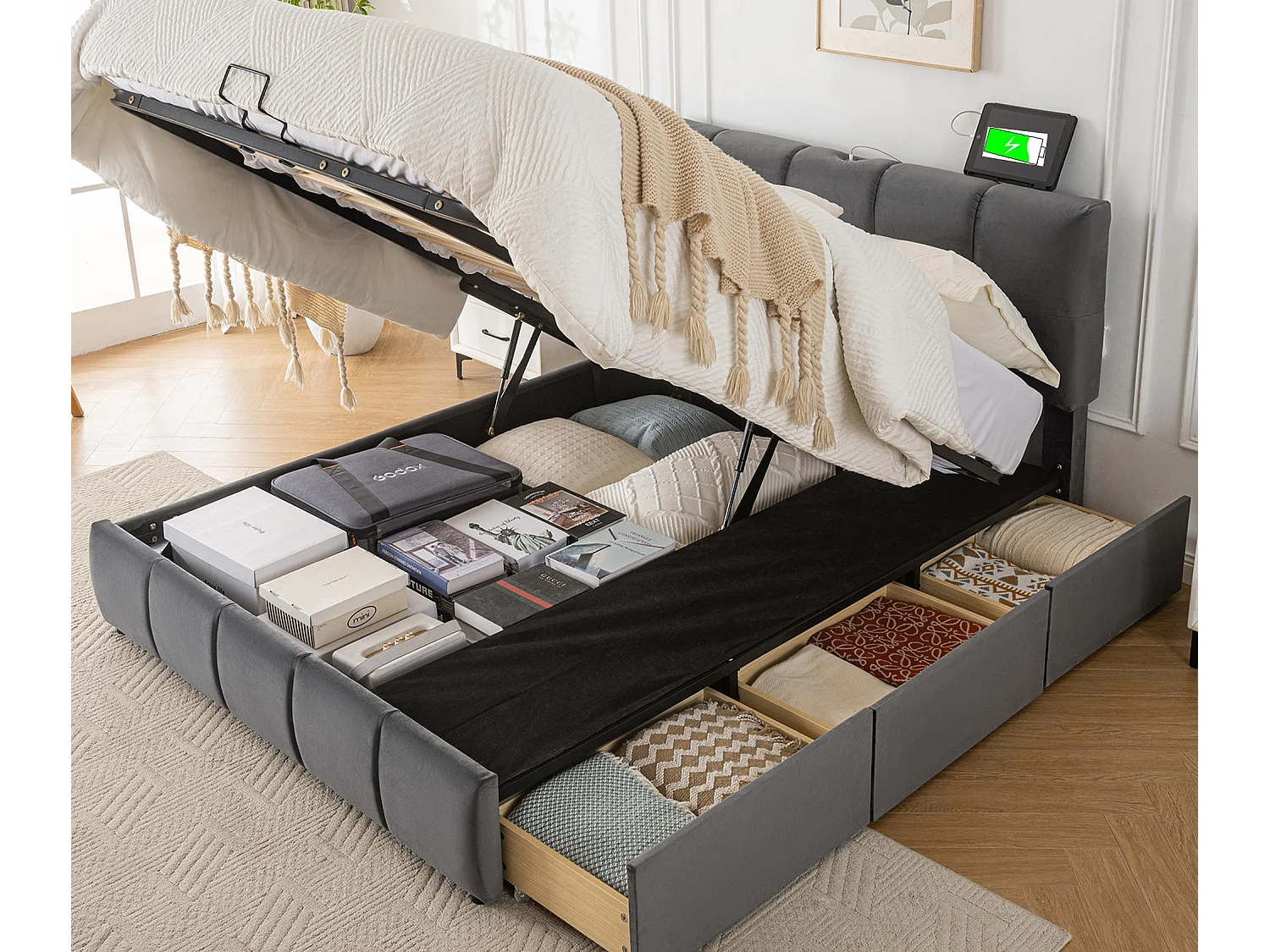 Lit rembourré coffre 140x200cm - avec 3 tiroirs - avec tête de lit réglable - avec 3 ports de charge - velours - gris (matelas non inclus)