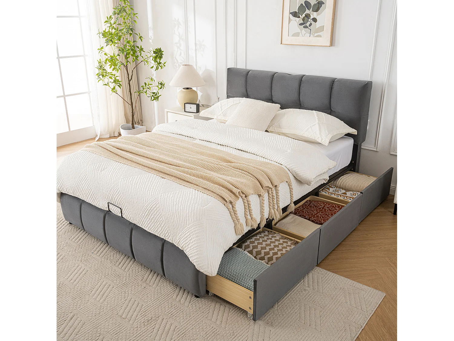 Lit rembourré coffre 140x200cm - avec 3 tiroirs - avec tête de lit réglable - avec 3 ports de charge - velours - gris (matelas non inclus)