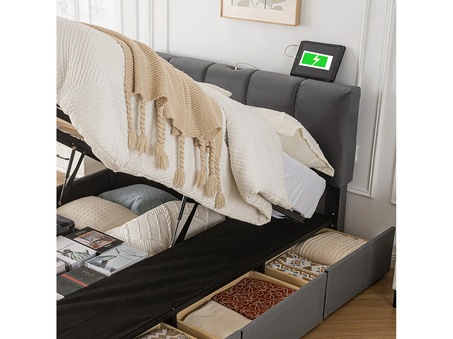 Lit rembourré coffre 140x200cm - avec 3 tiroirs - avec tête de lit réglable - avec 3 ports de charge - velours - gris (matelas non inclus)