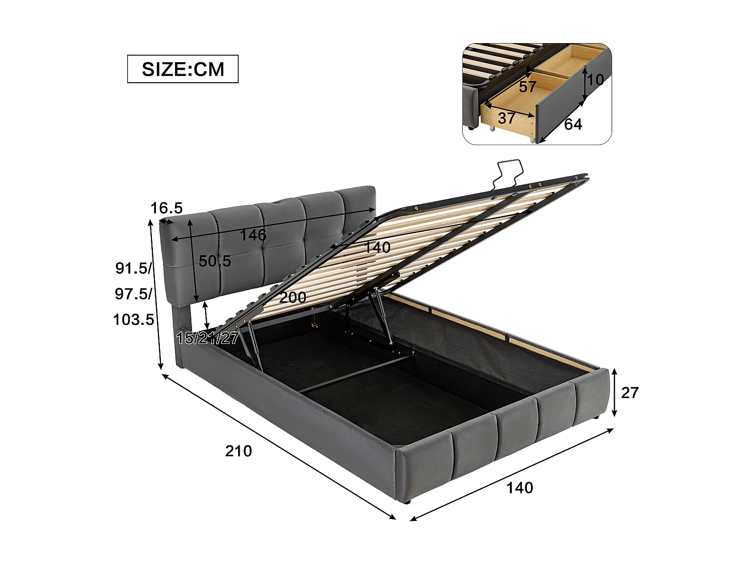 Lit rembourré coffre 140x200cm - avec 3 tiroirs - avec tête de lit réglable - avec 3 ports de charge - velours - gris (matelas non inclus)
