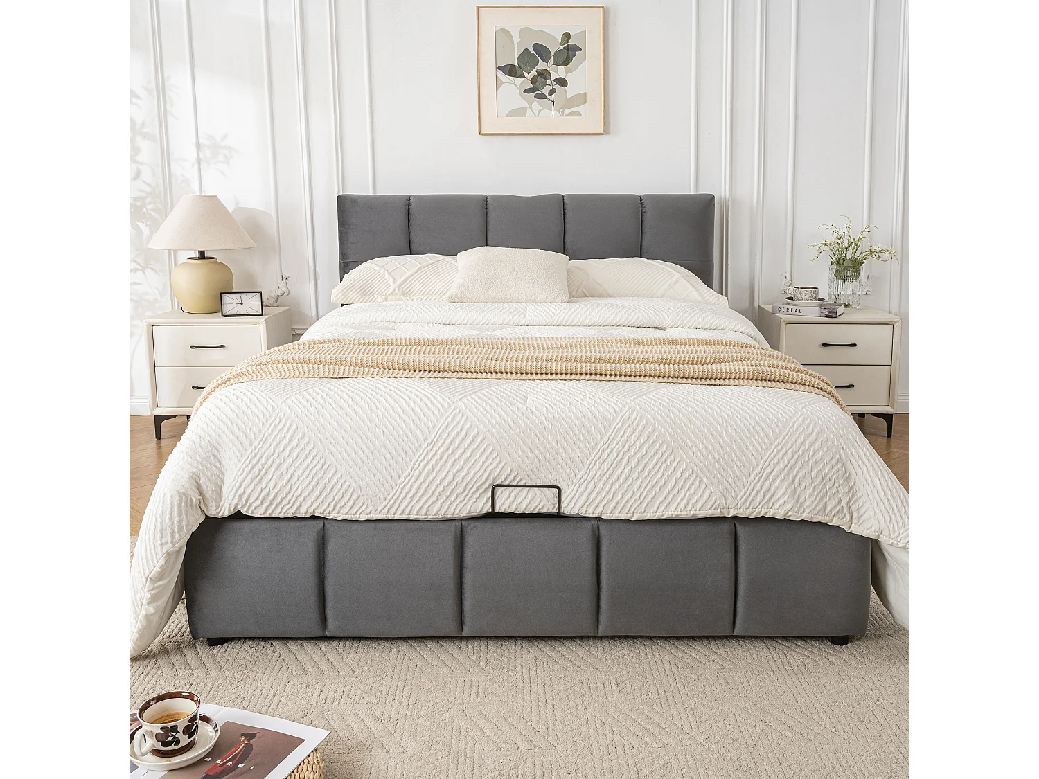 Lit rembourré coffre 140x200cm - avec 3 tiroirs - avec tête de lit réglable - avec 3 ports de charge - velours - gris (matelas non inclus)