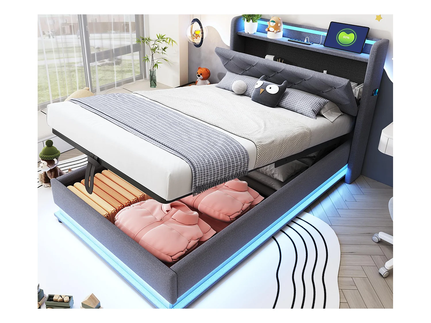 Lit coffre rembourré pour enfant 90x200 cm - avec éclairage LED - avec prise USB - tête de lit ouvrable - lin - gris