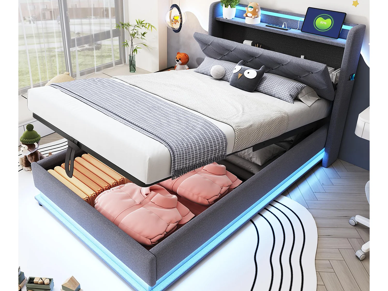 Gepolstertes Kinderbett mit Bettkasten 90x200 cm – mit LED-Beleuchtung – mit USB-Anschluss – aufklappbares Kopfteil – Leinen – Grau