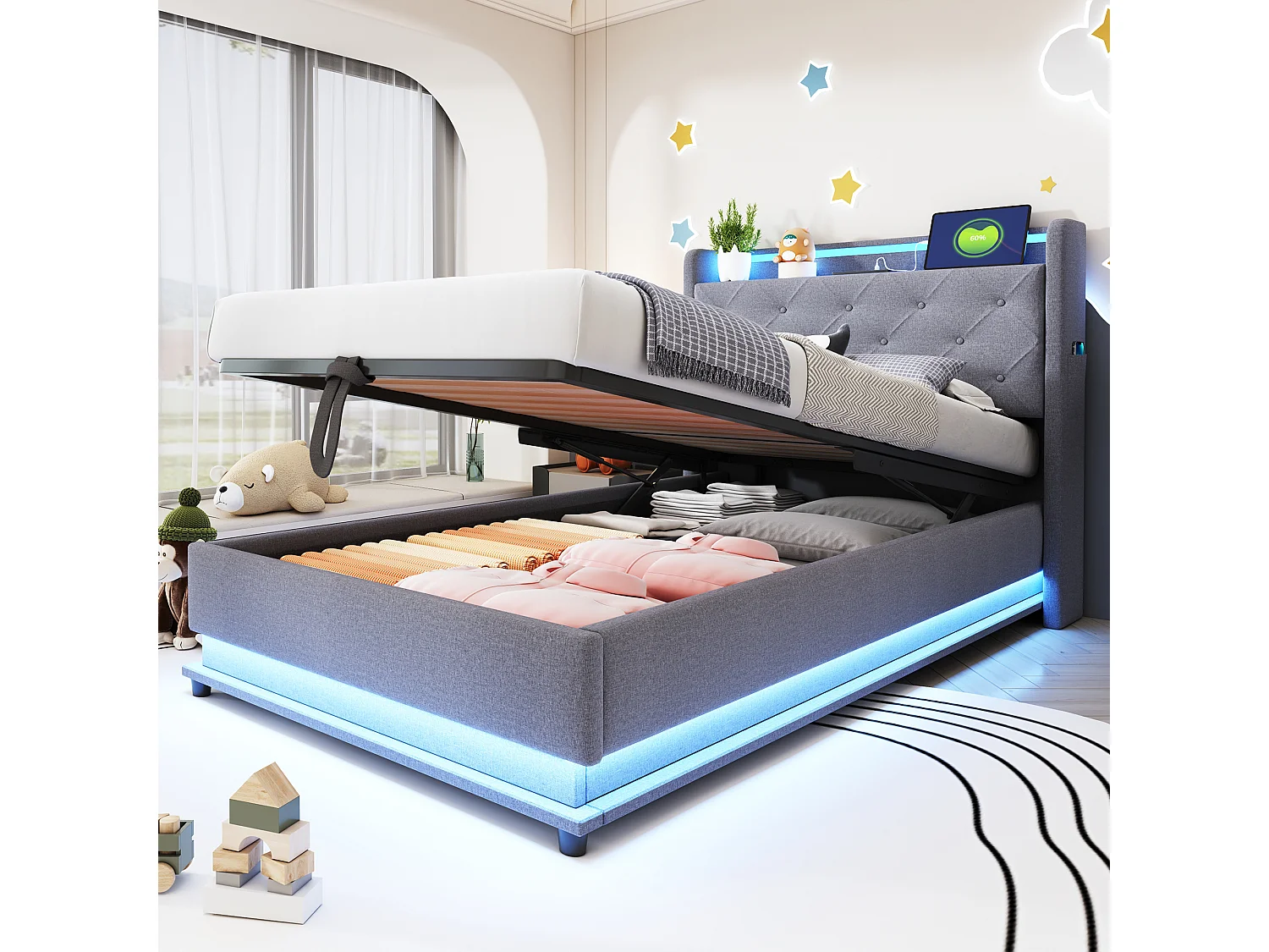 Gepolstertes Kinderbett mit Bettkasten 90x200 cm – mit LED-Beleuchtung – mit USB-Anschluss – aufklappbares Kopfteil – Leinen – Grau