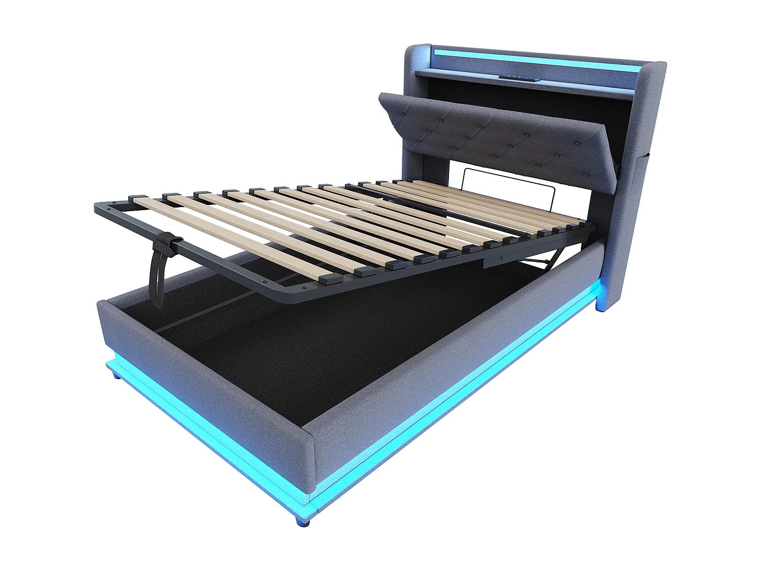 Gepolstertes Kinderbett mit Bettkasten 90x200 cm – mit LED-Beleuchtung – mit USB-Anschluss – aufklappbares Kopfteil – Leinen – Grau