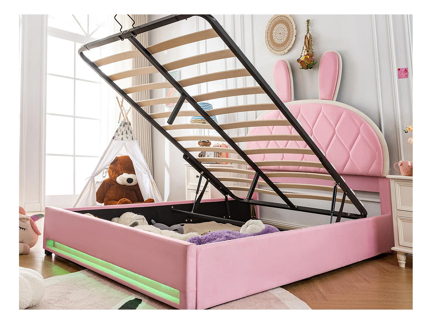 Lit double coffre enfant 140x200 cm - tête de lit relevable - structure métal à lattes - velours - rose (matelas non inclus)