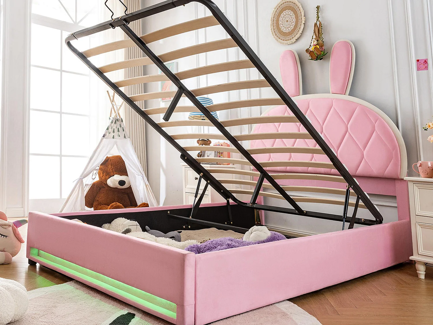 Cama de casal para crianças 140x200 cm - cabeceira elevável - estrutura de metal com ripas - veludo - rosa (colchão não incluído)