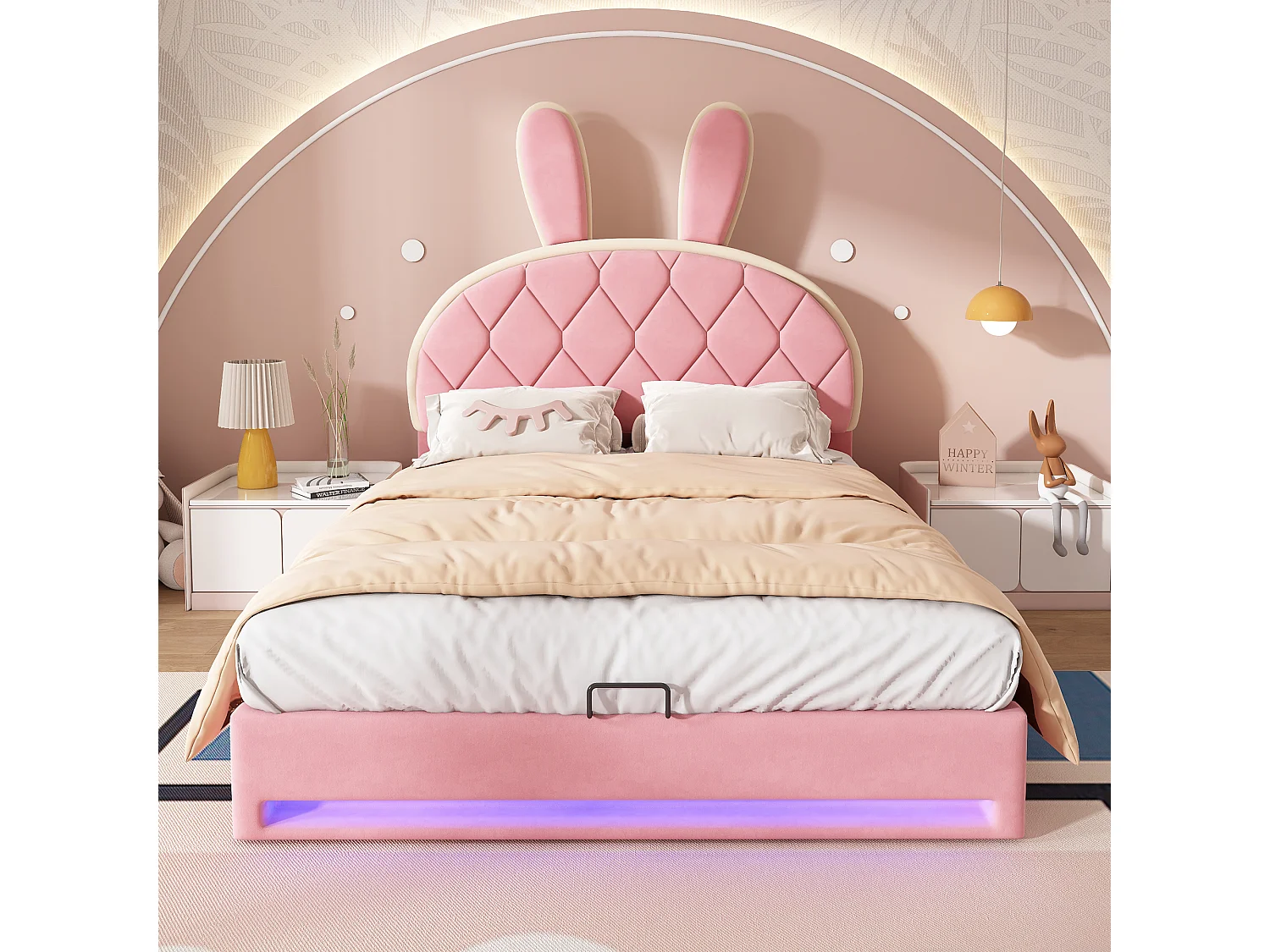 Cama de casal para crianças 140x200 cm - cabeceira elevável - estrutura de metal com ripas - veludo - rosa (colchão não incluído)