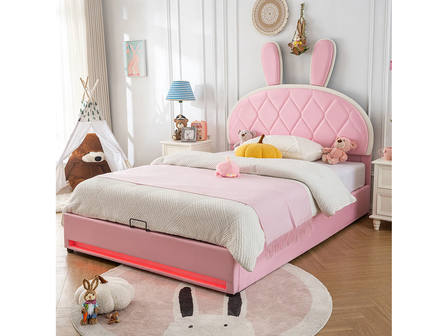 Cama de casal para crianças 140x200 cm - cabeceira elevável - estrutura de metal com ripas - veludo - rosa (colchão não incluído)