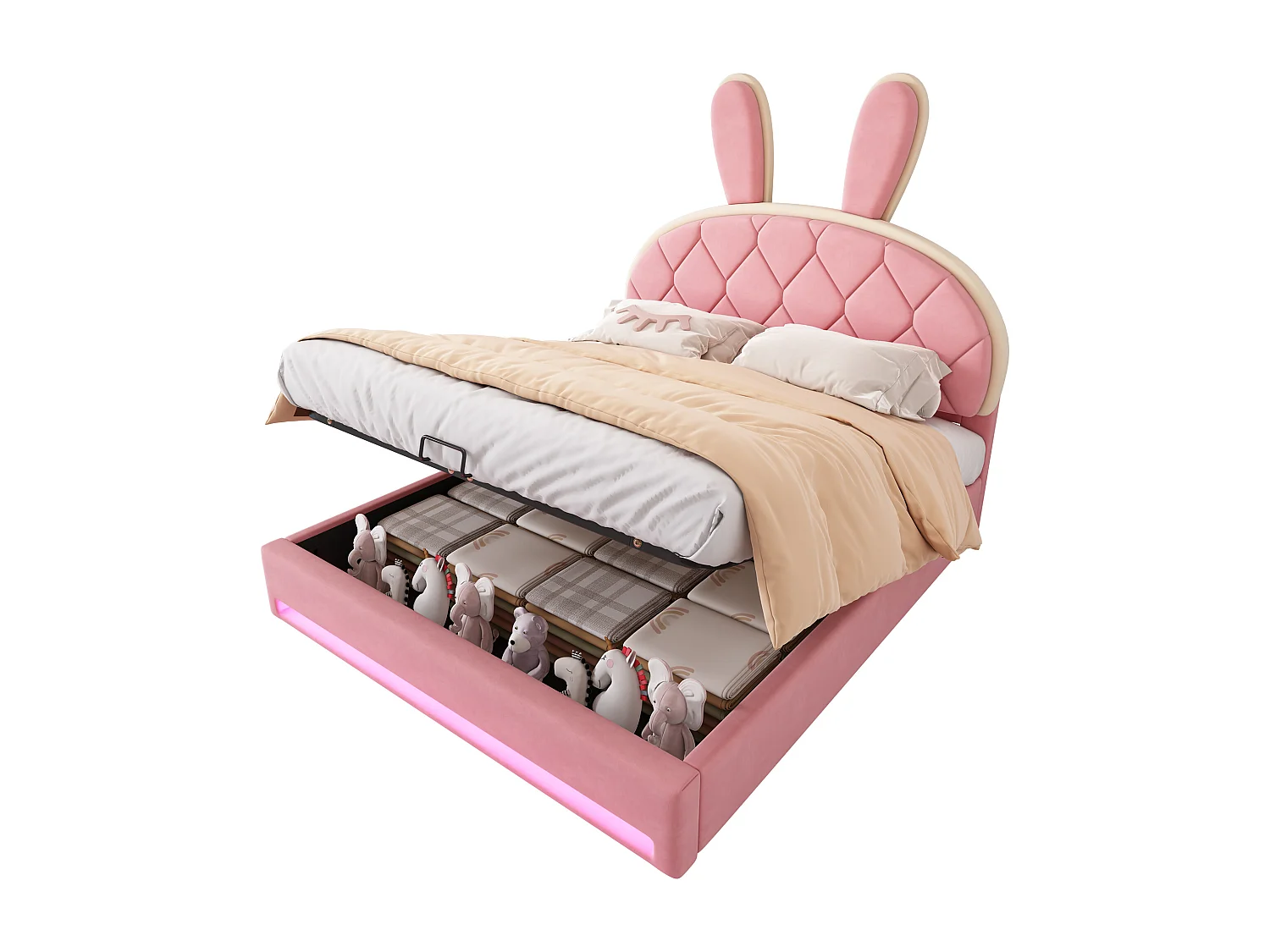 Cama de casal para crianças 140x200 cm - cabeceira elevável - estrutura de metal com ripas - veludo - rosa (colchão não incluído)