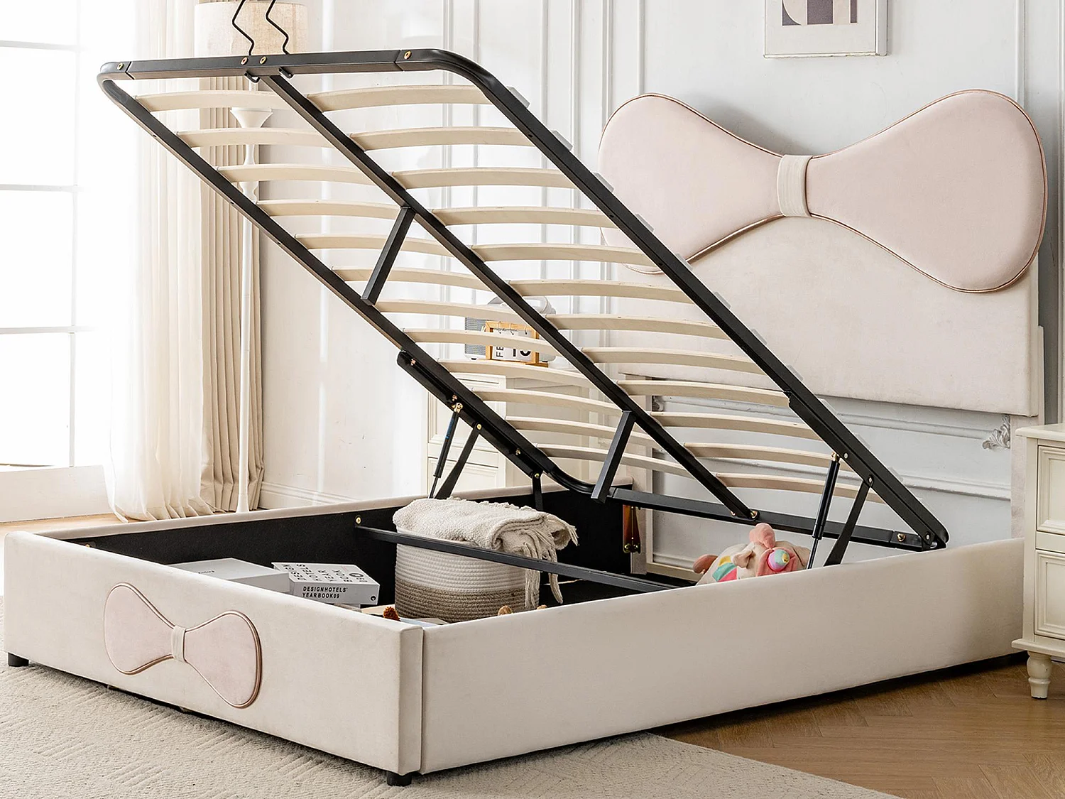 Lit capitonné coffre140x200cm - avec tête de lit en arc - sommier à lattes en métal - cadre de lit avec rangement - velours - beige + rose (matelas non inclus)