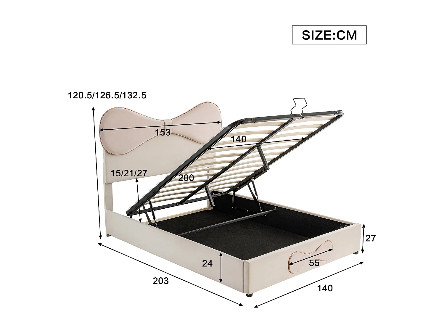 Lit capitonné coffre140x200cm - avec tête de lit en arc - sommier à lattes en métal - cadre de lit avec rangement - velours - beige + rose (matelas non inclus)