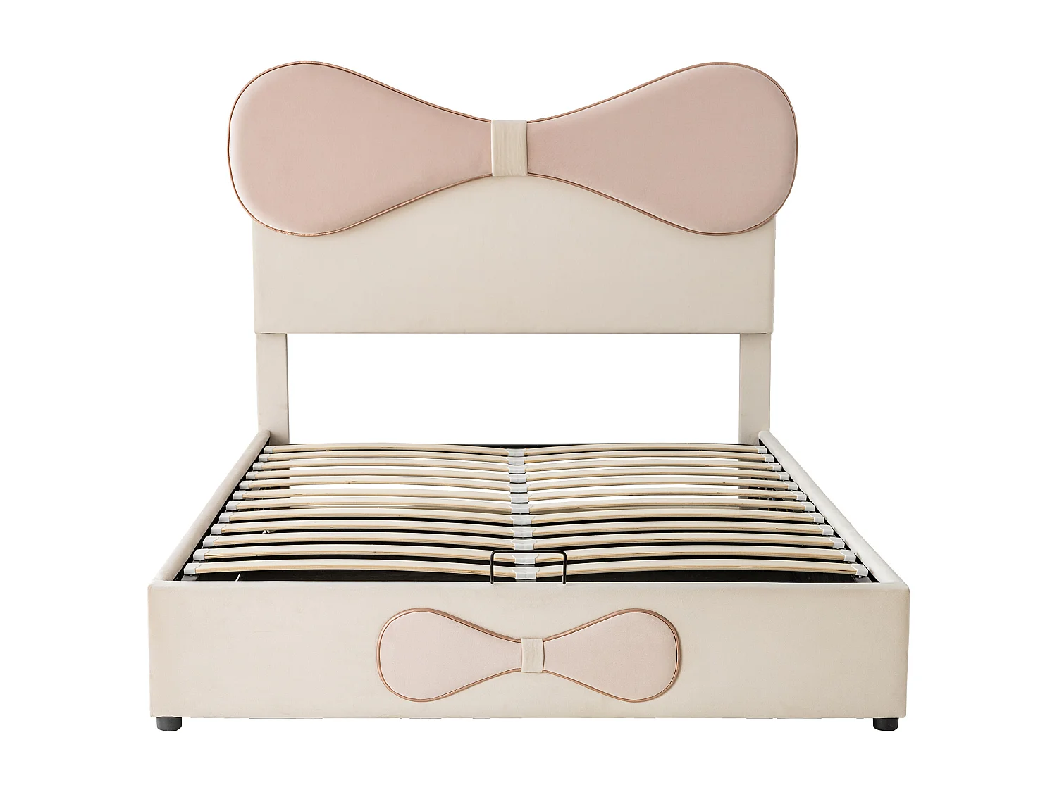 Lit capitonné coffre140x200cm - avec tête de lit en arc - sommier à lattes en métal - cadre de lit avec rangement - velours - beige + rose (matelas non inclus)