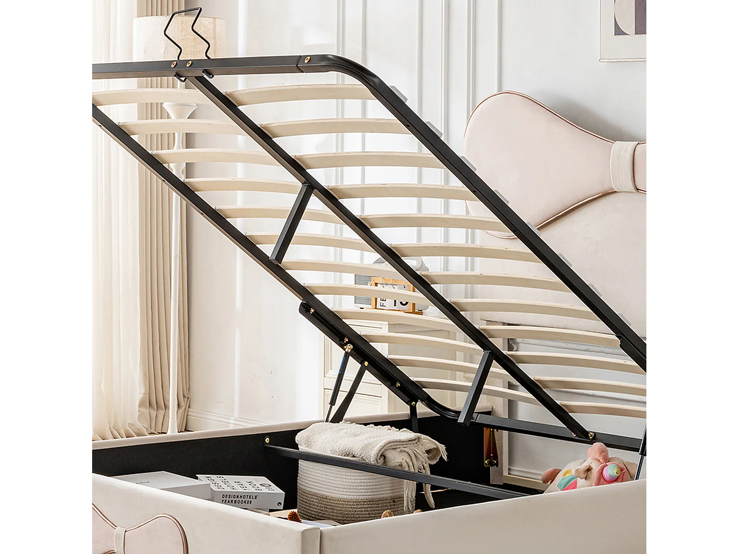 Lit capitonné coffre140x200cm - avec tête de lit en arc - sommier à lattes en métal - cadre de lit avec rangement - velours - beige + rose (matelas non inclus)