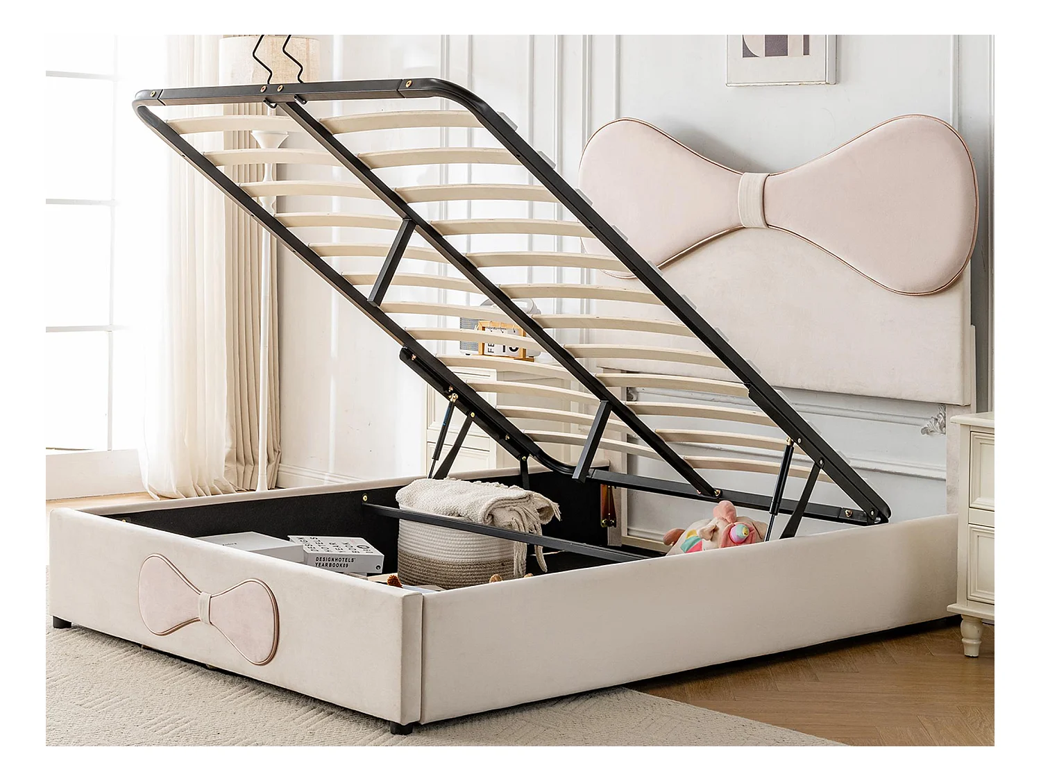 Lit capitonné coffre140x200cm - avec tête de lit en arc - sommier à lattes en métal - cadre de lit avec rangement - velours - beige + rose (matelas non inclus)