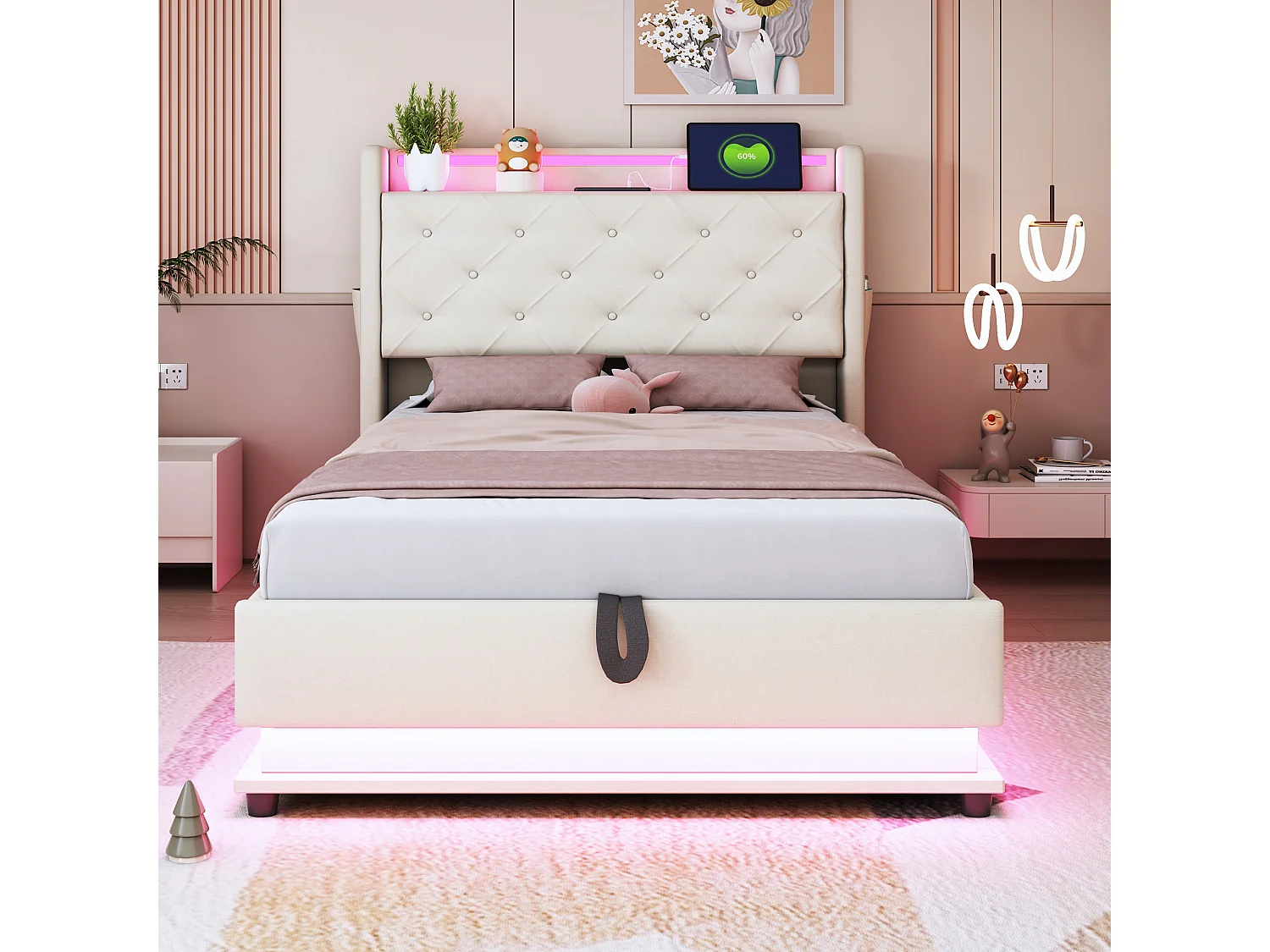 Lit coffre rembourré pour enfant 90x200 cm - avec éclairage LED - avec prise USB - tête de lit ouvrable - lin - beige