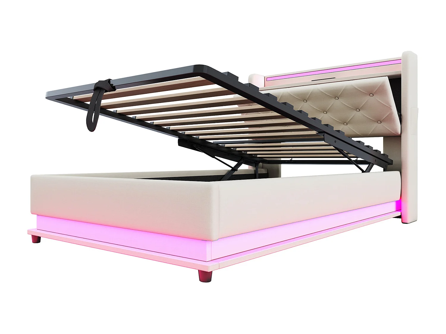 Lit coffre rembourré pour enfant 90x200 cm - avec éclairage LED - avec prise USB - tête de lit ouvrable - lin - beige