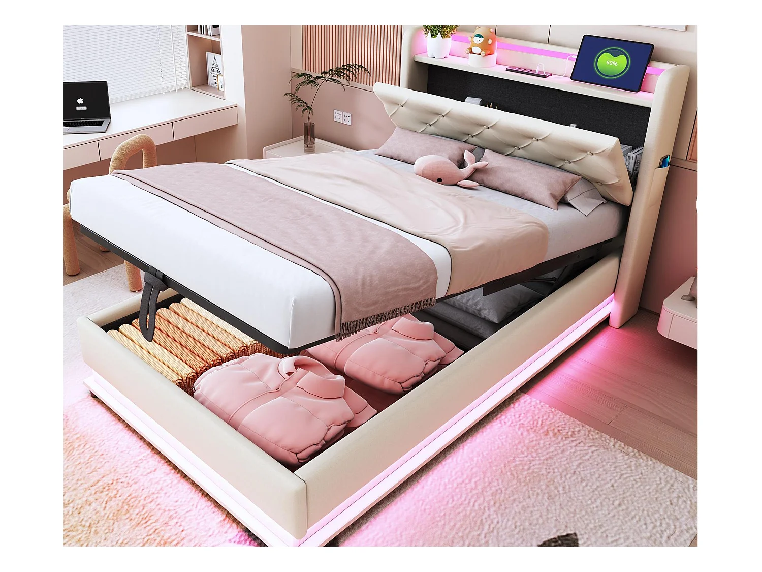Lit coffre rembourré pour enfant 90x200 cm - avec éclairage LED - avec prise USB - tête de lit ouvrable - lin - beige