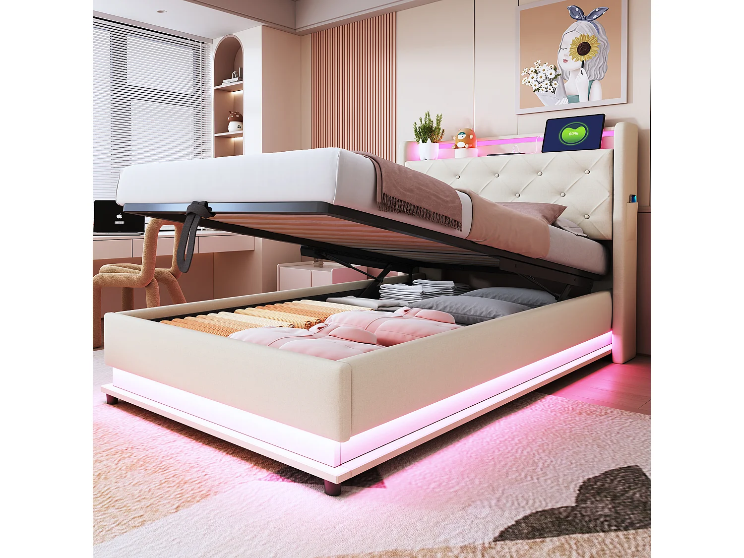 Gepolstertes Kinderbett mit Bettkasten 90x200 cm – mit LED-Beleuchtung – mit USB-Anschluss – aufklappbares Kopfteil – Leinen – Beige