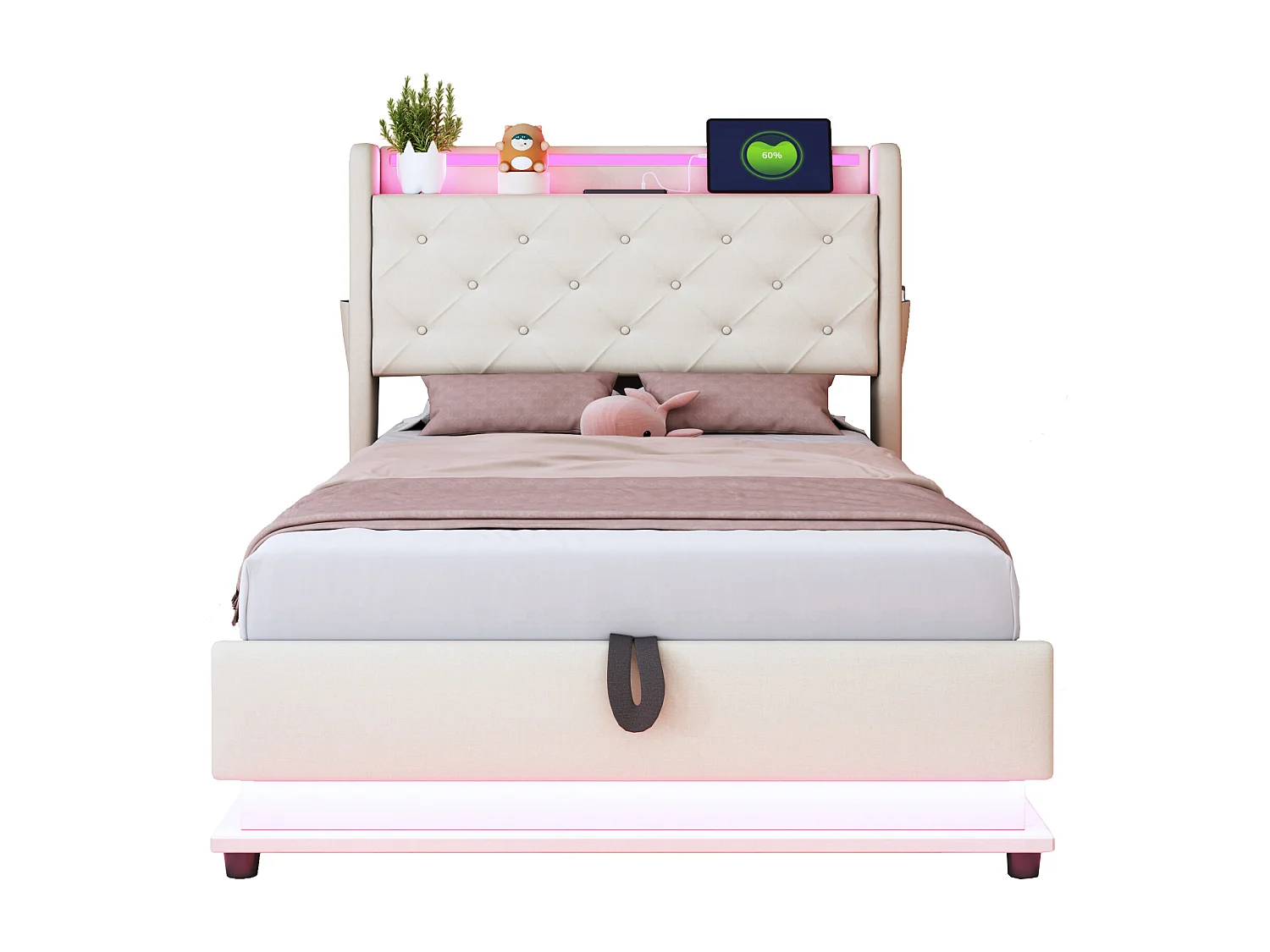 Gepolstertes Kinderbett mit Bettkasten 90x200 cm – mit LED-Beleuchtung – mit USB-Anschluss – aufklappbares Kopfteil – Leinen – Beige