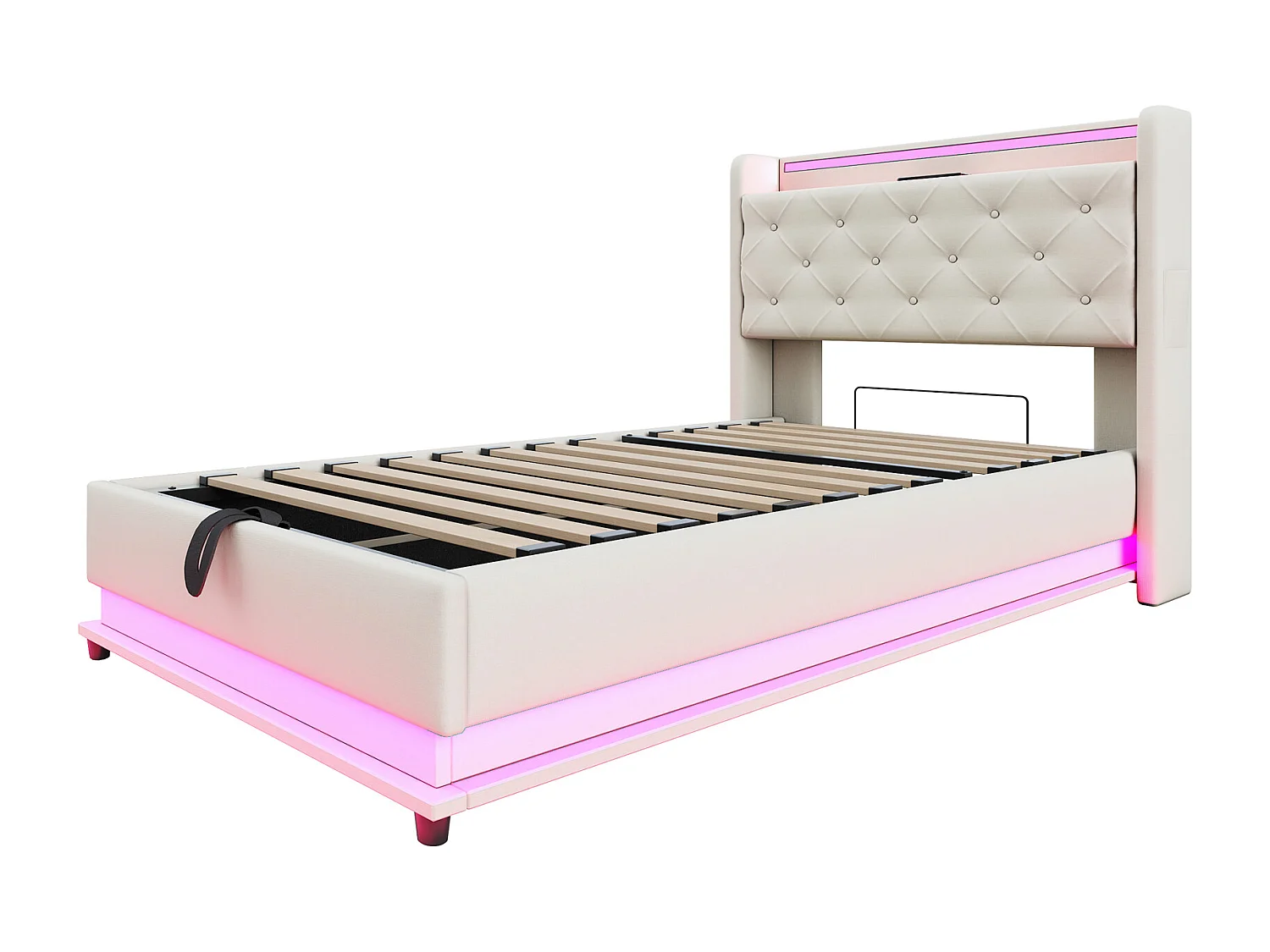 Gepolstertes Kinderbett mit Bettkasten 90x200 cm – mit LED-Beleuchtung – mit USB-Anschluss – aufklappbares Kopfteil – Leinen – Beige