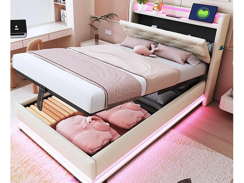 Tapicerowane łóżko dziecięce z pojemnikiem 90x200 cm – z oświetleniem LED – z portem USB – otwierane wezgłowie – len – beżowe
