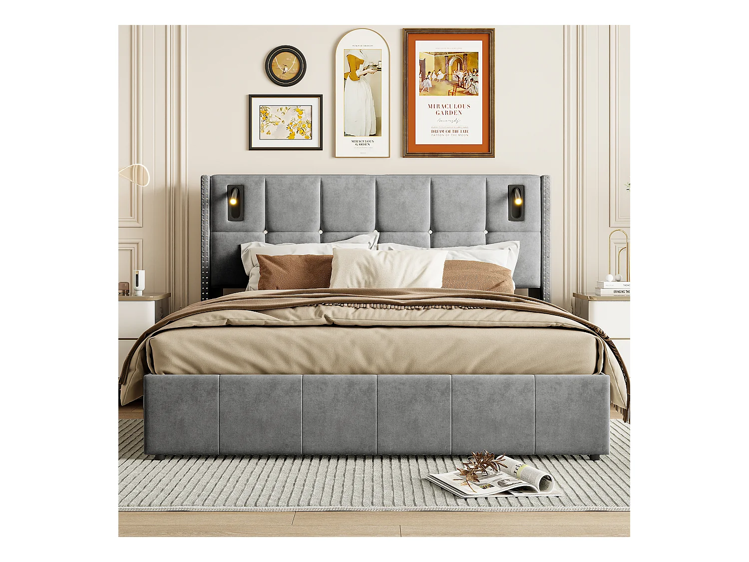 Lit double avec liseuse, pression d'air, 160*200 cm, gris, velours