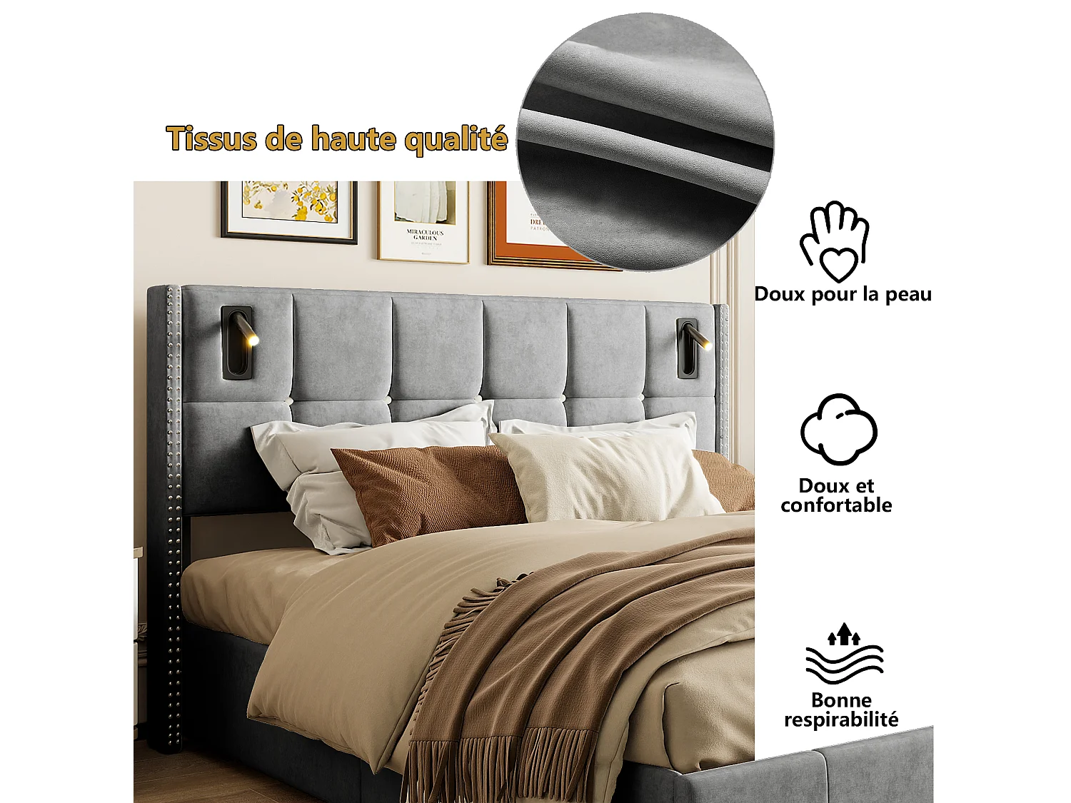 Lit double avec liseuse, pression d'air, 160*200 cm, gris, velours