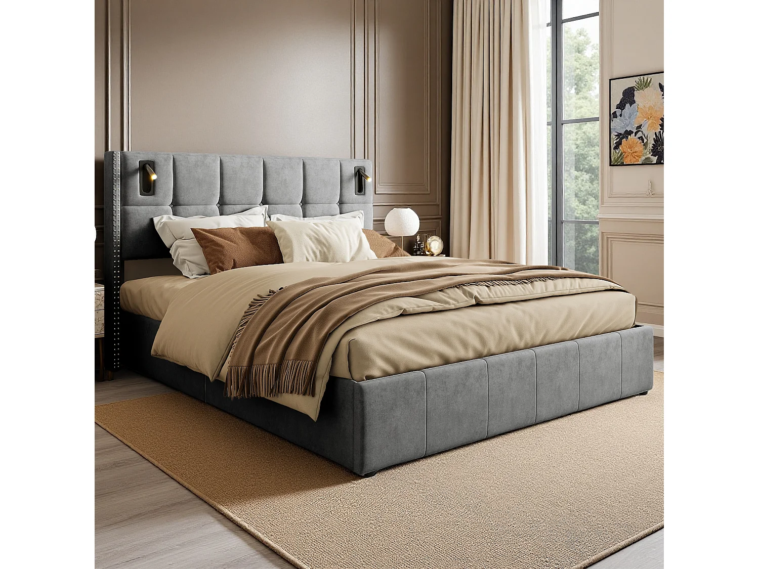 Lit Coffre 160x200 cm avec 2 liseuses,Lit Double rembourré avec Rangement,avec sommier Lattes, Convient aux Adolescents et aux Adultes, Gris