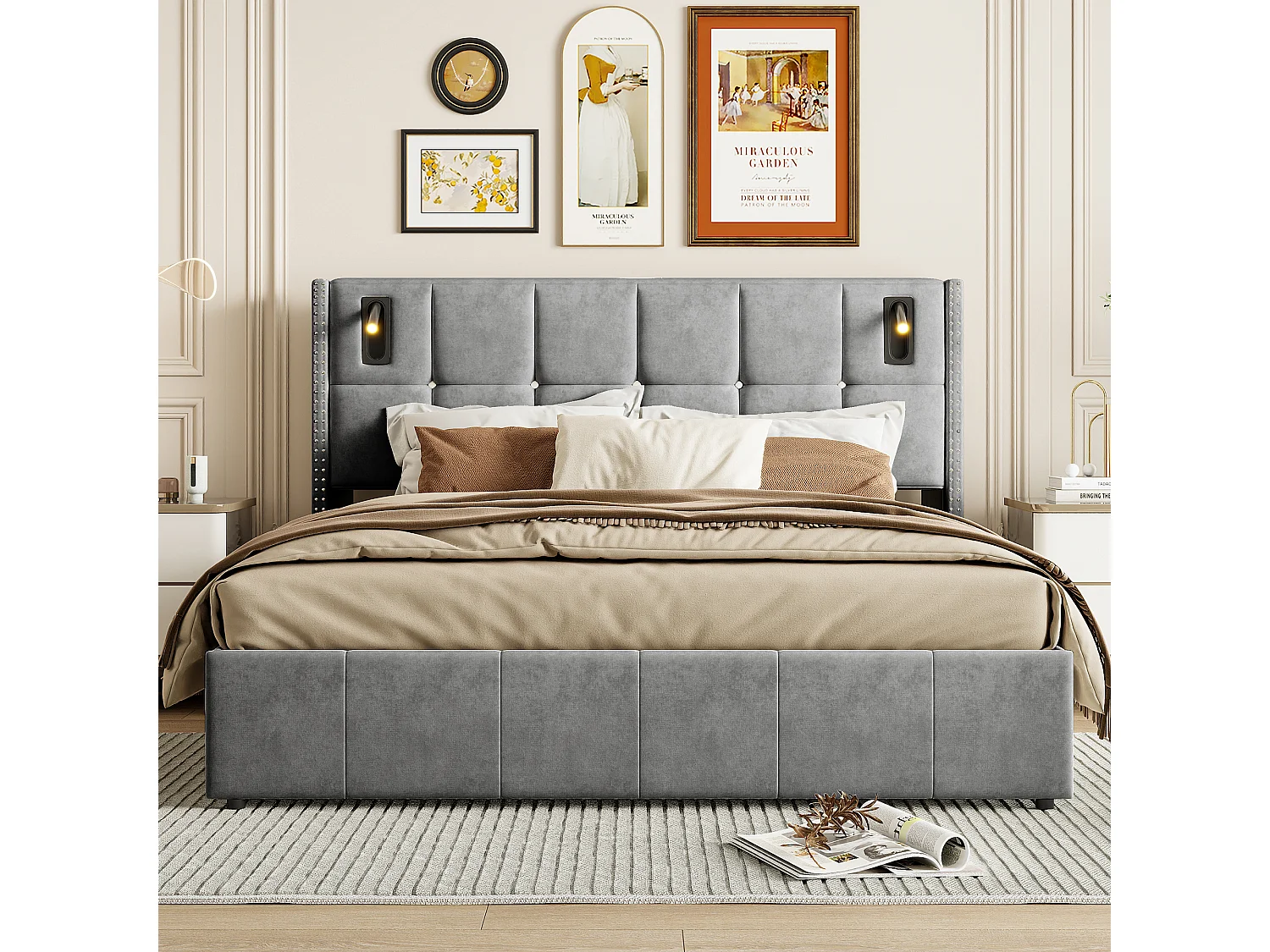 Lit Coffre 160x200 cm avec 2 liseuses,Lit Double rembourré avec Rangement,avec sommier Lattes, Convient aux Adolescents et aux Adultes, Gris