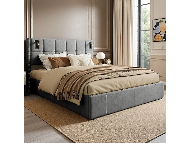 Cama com arrumação 160x200 cm com 2 luzes de leitura, cama de casal estofada com estrado de ripas, com espaço de armazenamento, para adolescentes e adultos, cinza