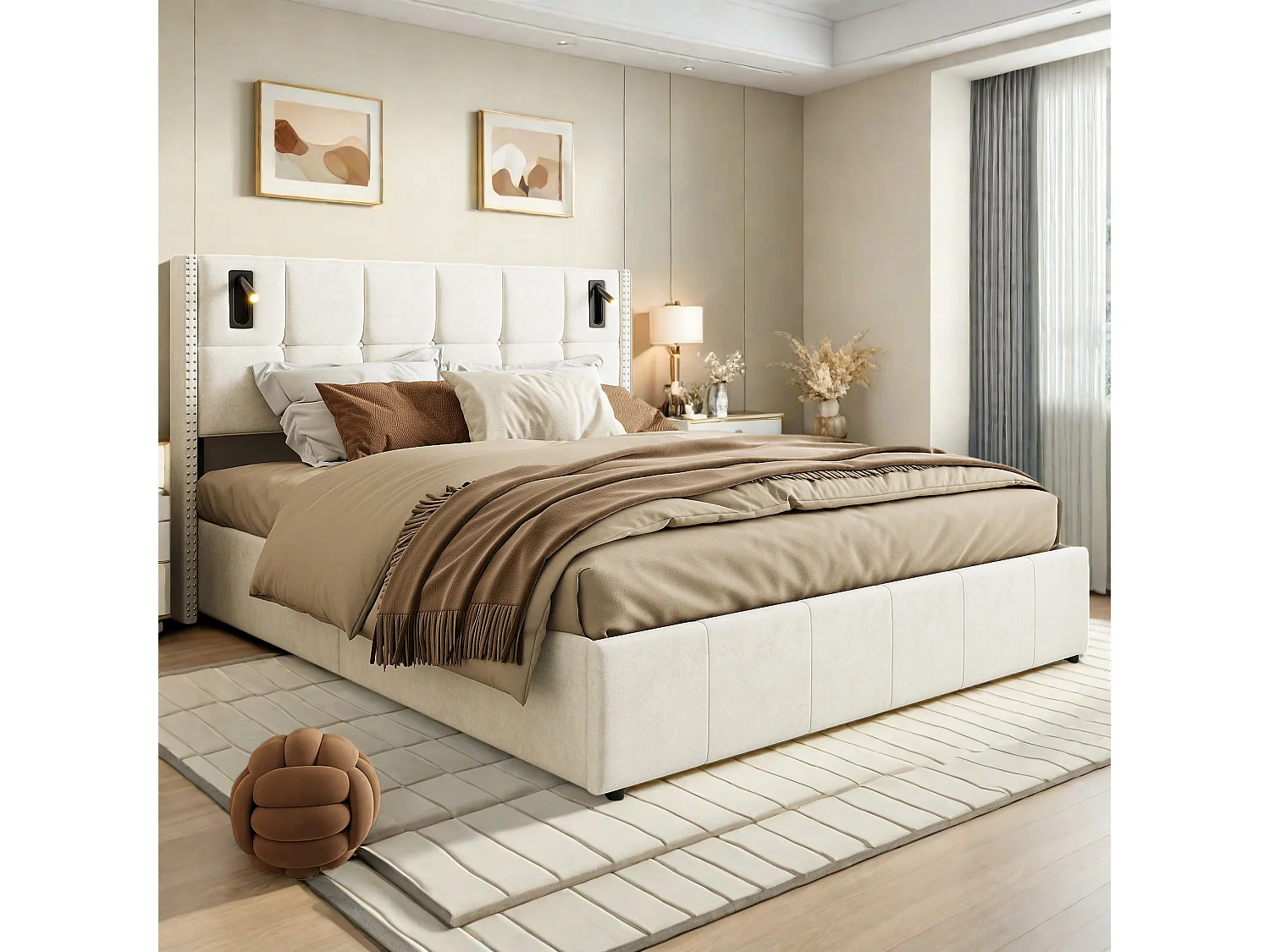 Opbergbed 140x200 cm met 2 leeslampen, gestoffeerd tweepersoonsbed met lattenbodem, geschikt voor tieners en volwassenen, beige