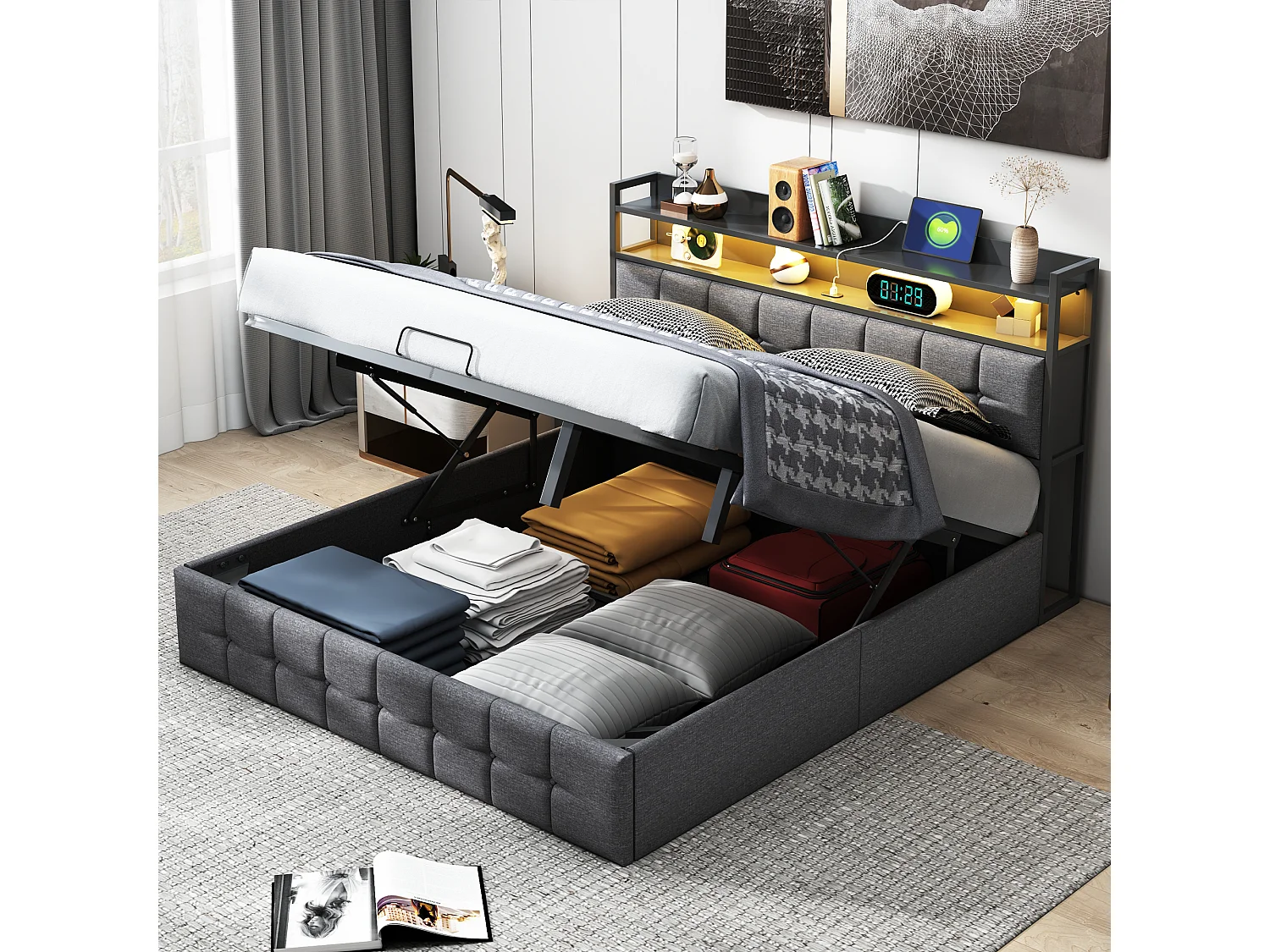 Cama doble de 160*200 cm, almacenamiento con palanca neumática, cabecero con tira de luz, con enchufe, gris, lino