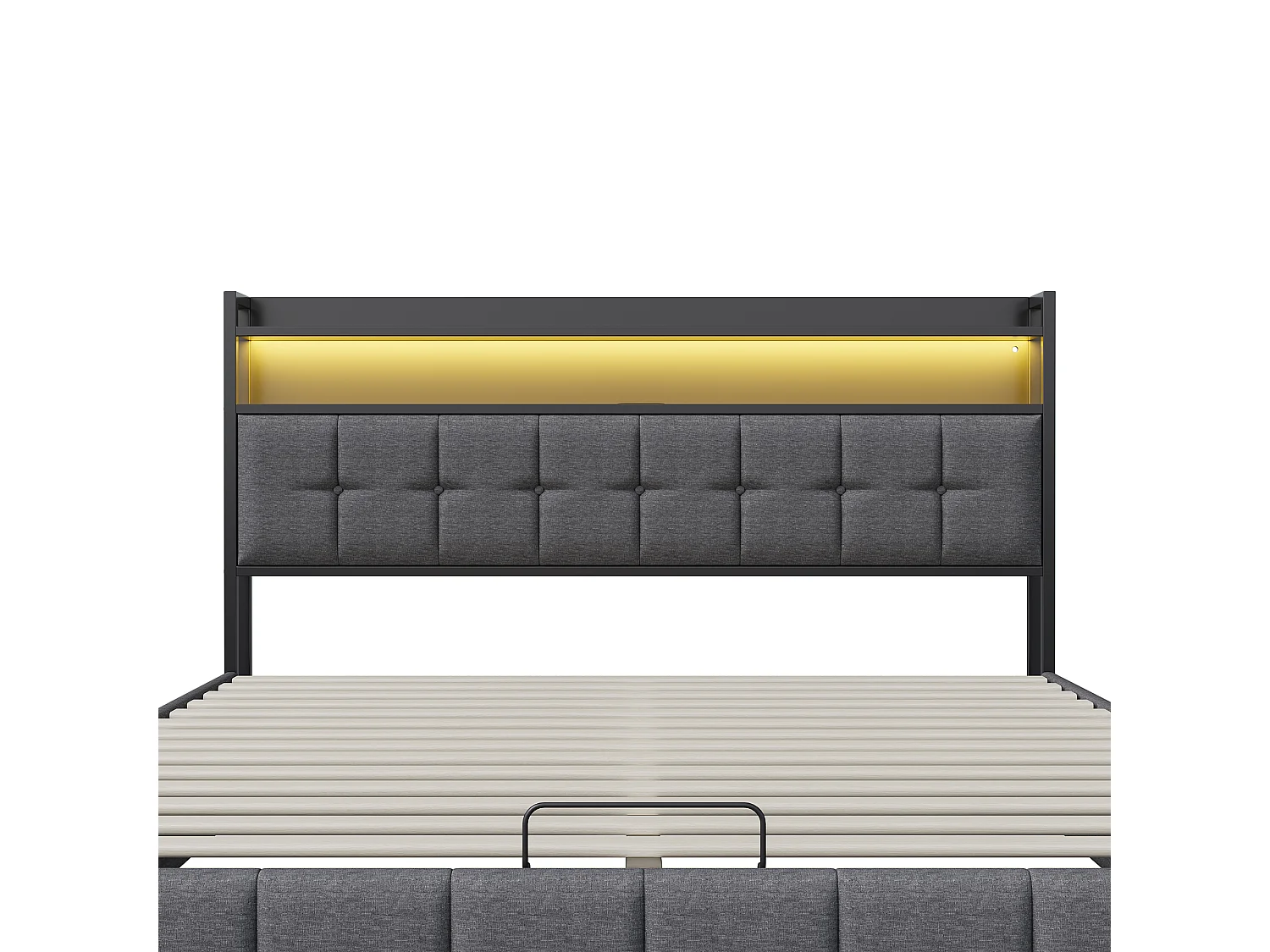 Cama doble de 160*200 cm, almacenamiento con palanca neumática, cabecero con tira de luz, con enchufe, gris, lino