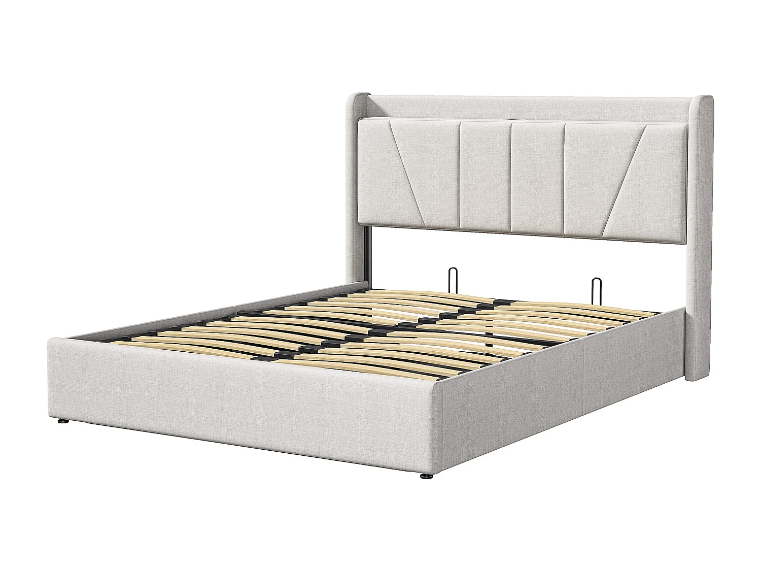 Cama doble de 140 x 200 cm con 2 puertos USB, 1 puerto tipo C y palanca neumática, color beige y lino.