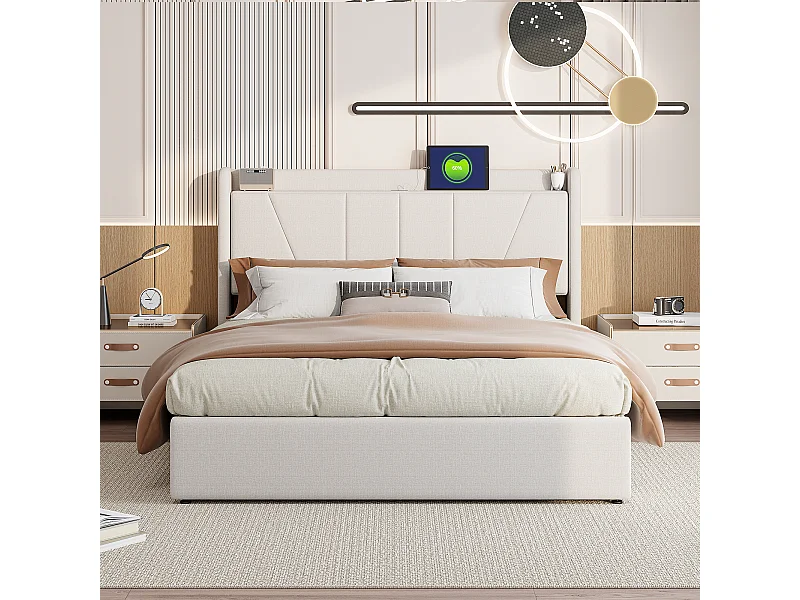 Tweepersoonsbed 140*200cm met 2 USB + 1 Type-C-poort + pneumatische hendel, Beige, Linnen