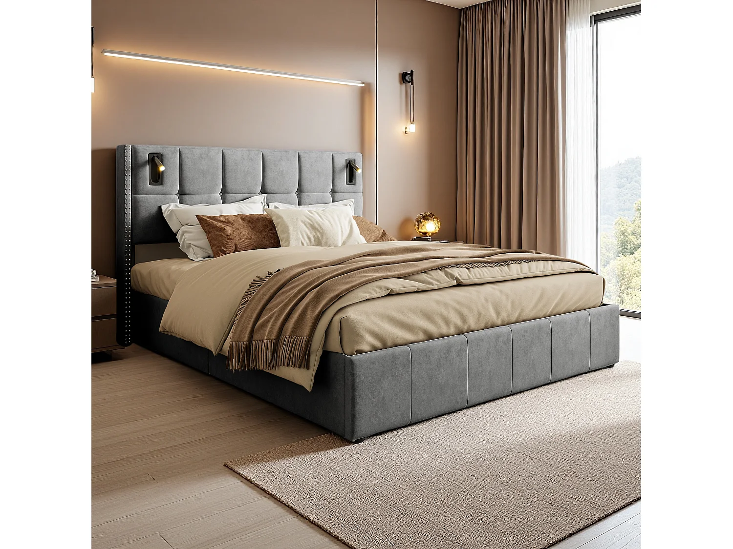 Letto contenitore 140x200 cm con 2 luci da lettura, letto matrimoniale imbottito con rete a doghe, per adolescenti e adulti, grigio