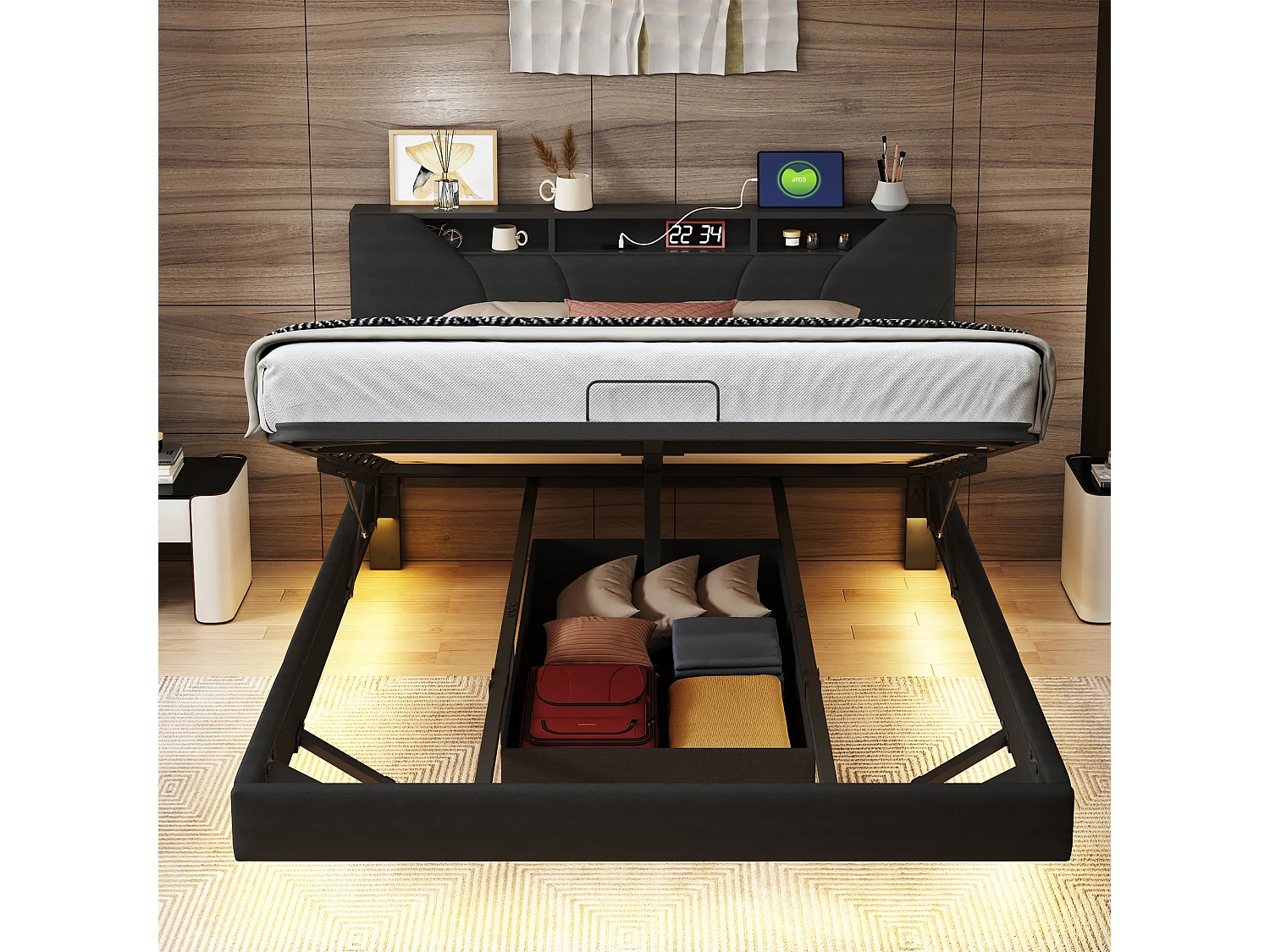 Lit coffre 140*200CM,levier pneumatique, , avec éclairage LED et prise de charge,Noir,Cuir