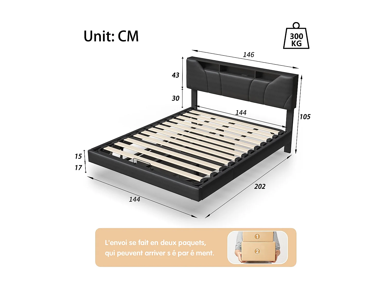 Lit coffre 140*200CM,levier pneumatique, , avec éclairage LED et prise de charge,Noir,Cuir